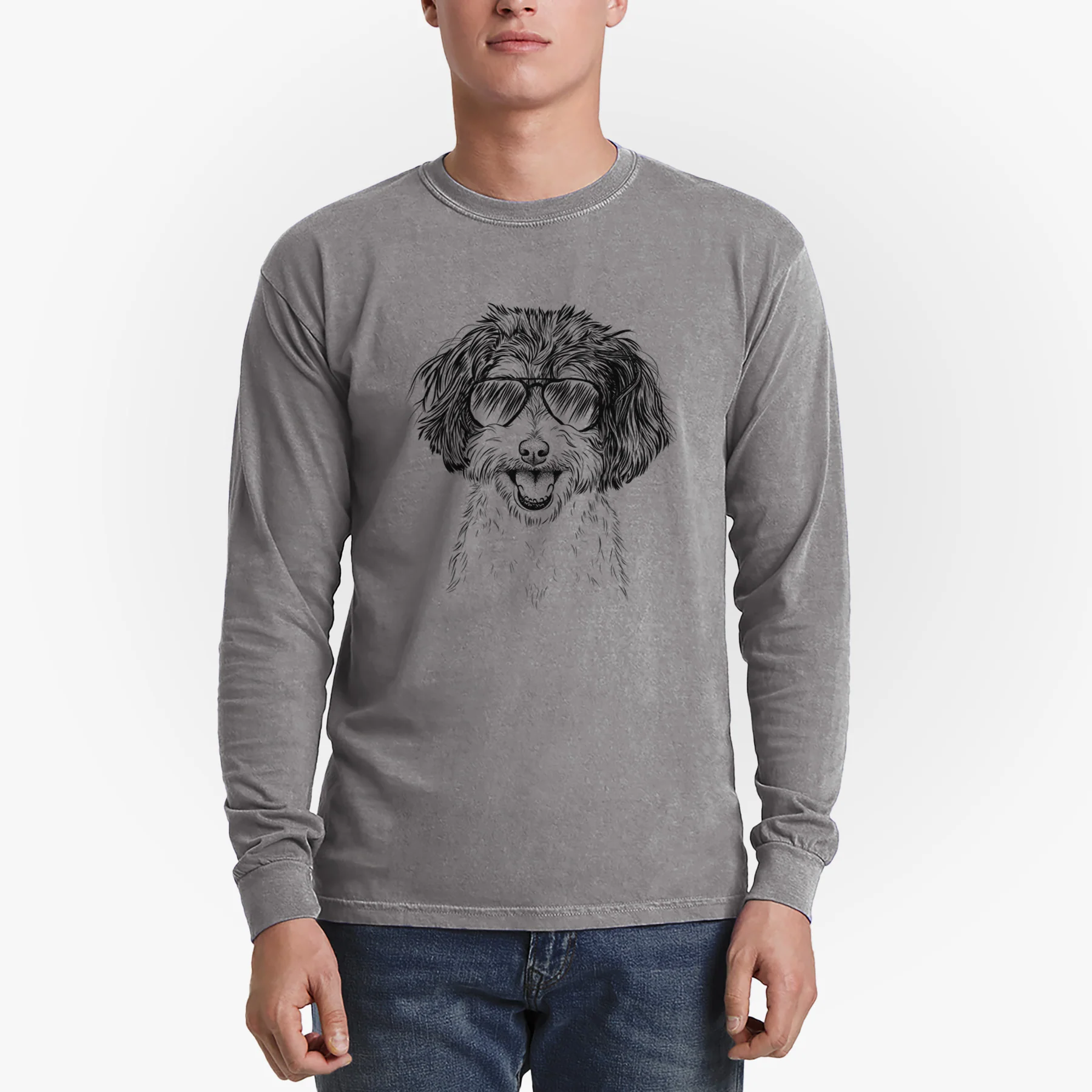 Aviator Carlos the Cavapoo - Men's Heavyweight 100% Cotton Long Sleeve - Image 4