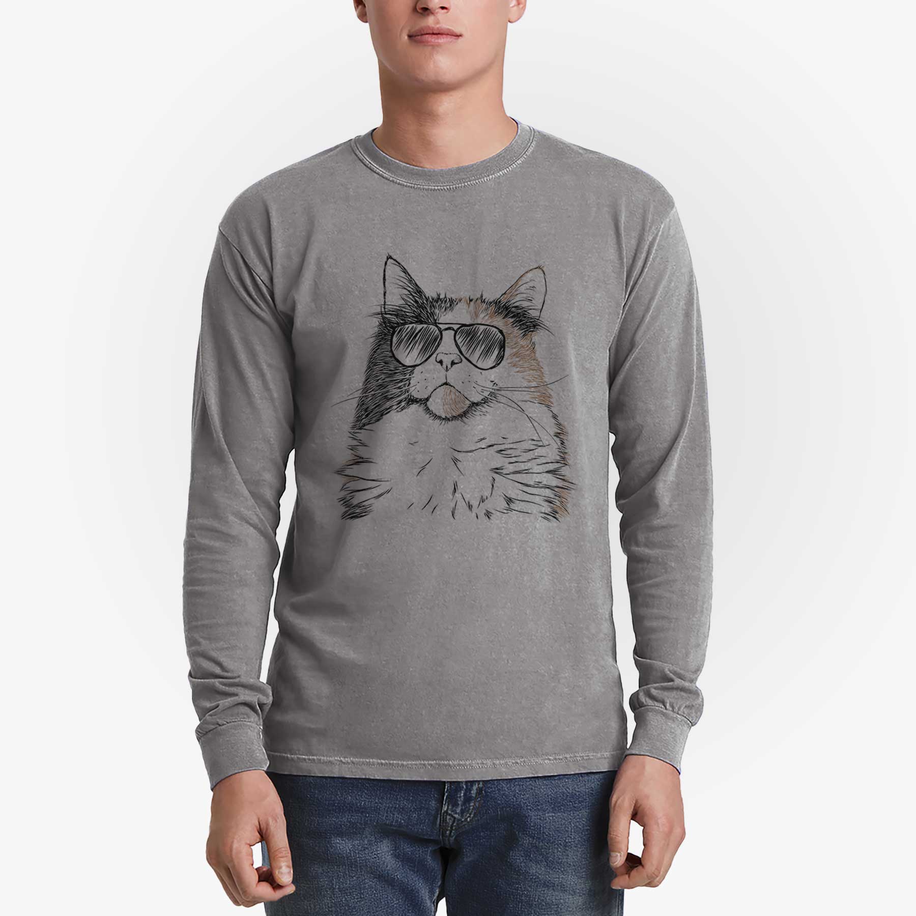 Aviator Greta the Calico Cat - Men's Heavyweight 100% Cotton Long Sleeve - Image 5