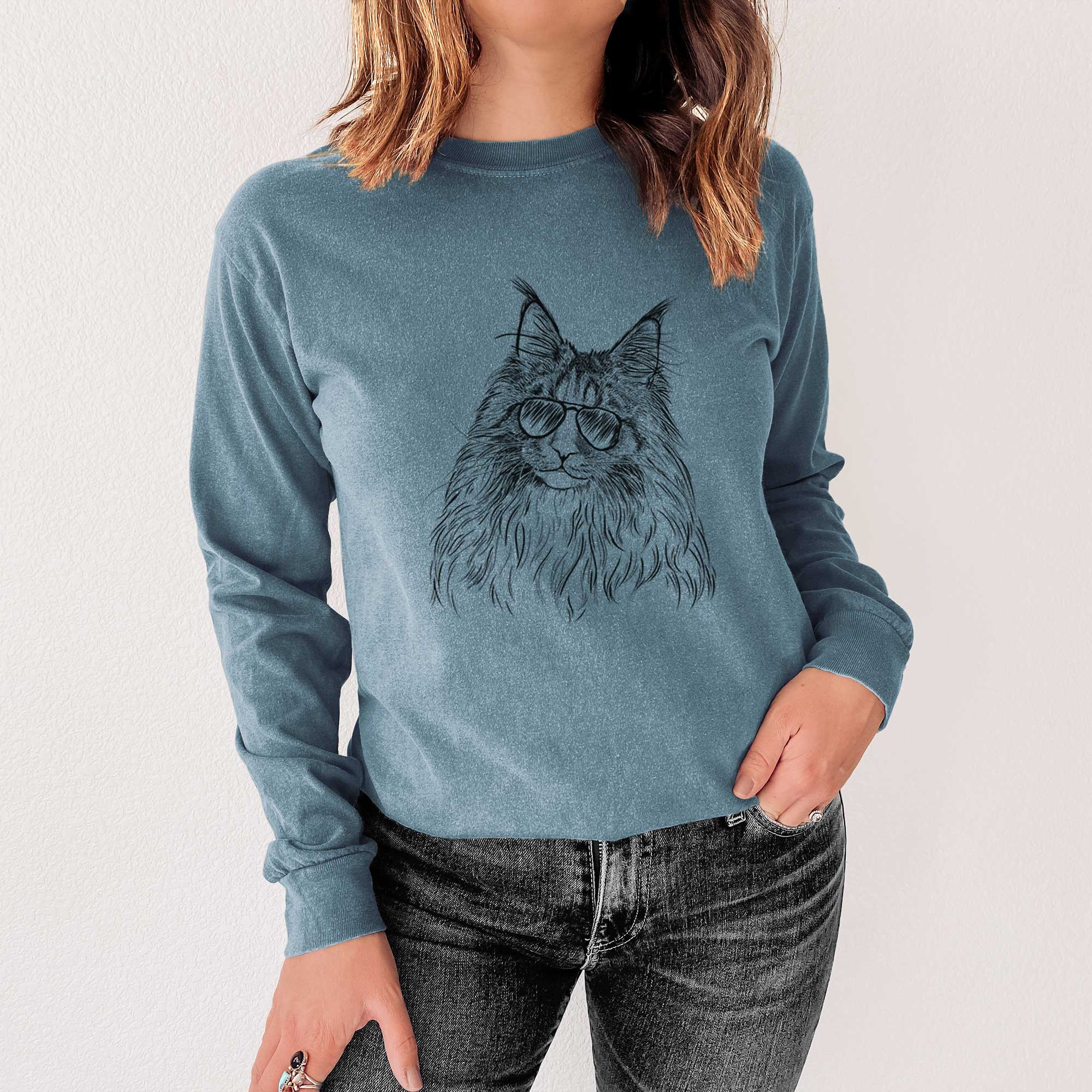 Aviator Kiki the Maine Coon Cat - Men's Heavyweight 100% Cotton Long Sleeve - Image 4