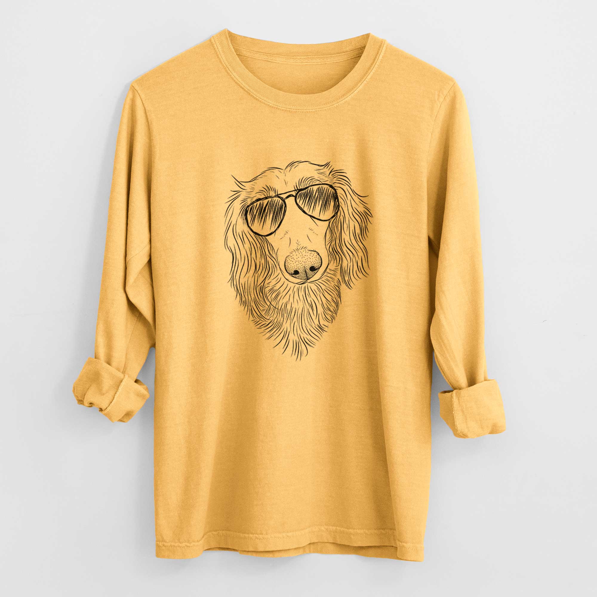 Aviator Mr. Rusty the Long Haired Dachshund - Men's Heavyweight 100% Cotton Long Sleeve - Image 3
