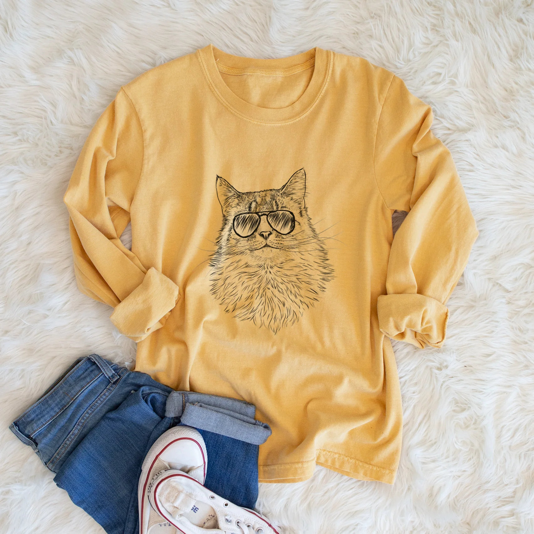 Aviator Olive the Cat - Men's Heavyweight 100% Cotton Long Sleeve - Image 6