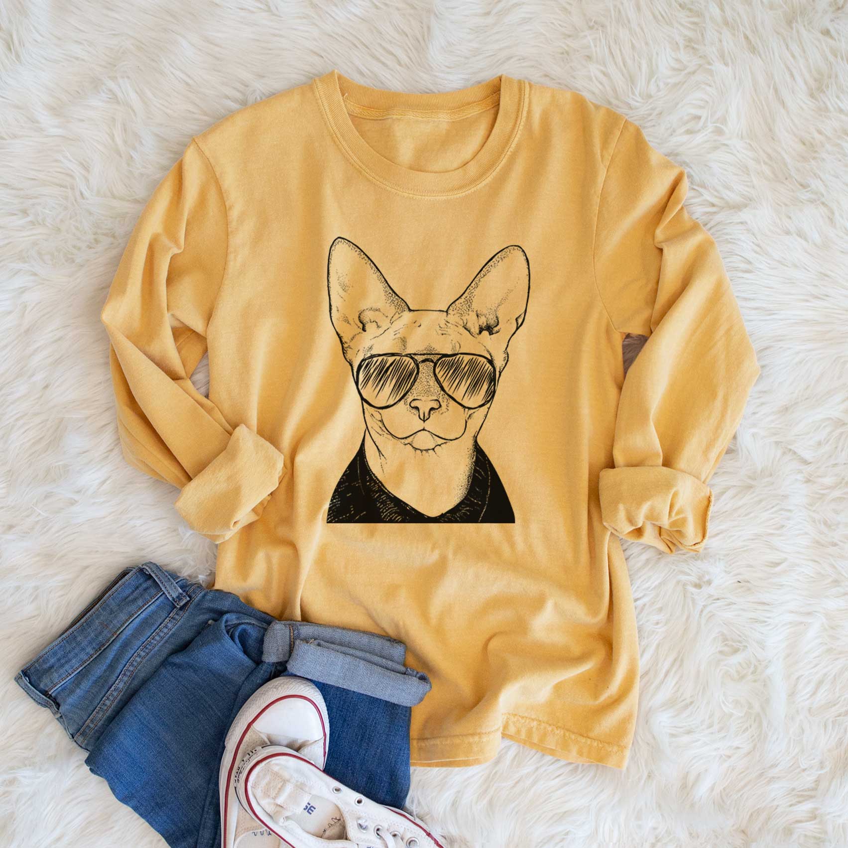 Aviator Oliver Watson the Sphynx Cat - Men's Heavyweight 100% Cotton Long Sleeve - Image 6