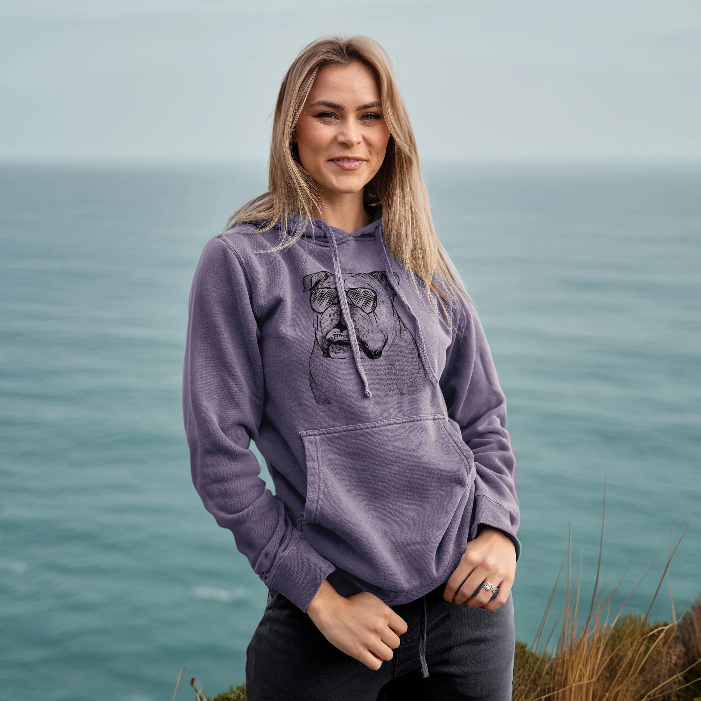 Aviator Piggy the English Bulldog - Unisex Pigment Dyed Hoodie - Image 4