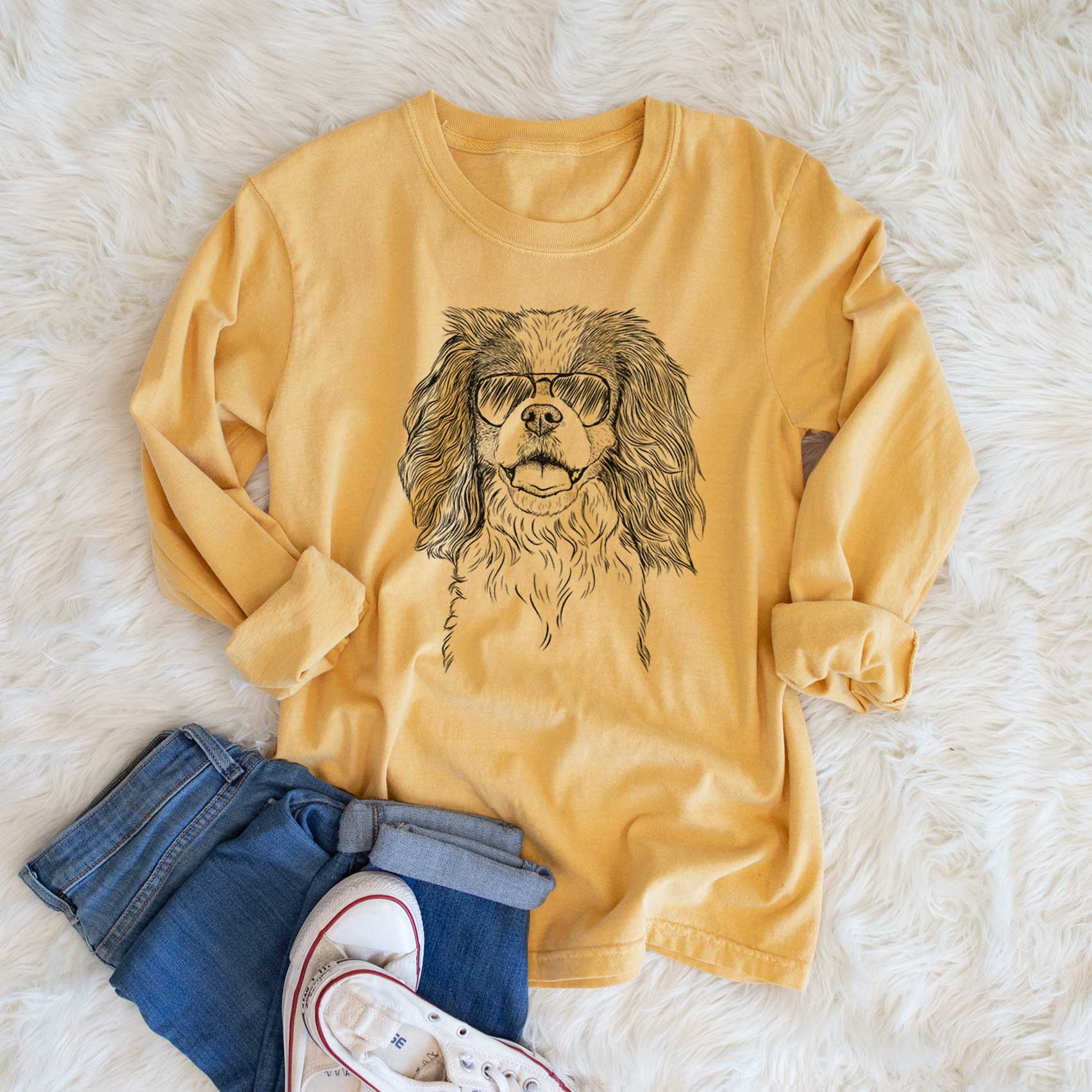 Aviator Poppy the Cavalier King Charles Spaniel - Men's Heavyweight 100% Cotton Long Sleeve - Image 6