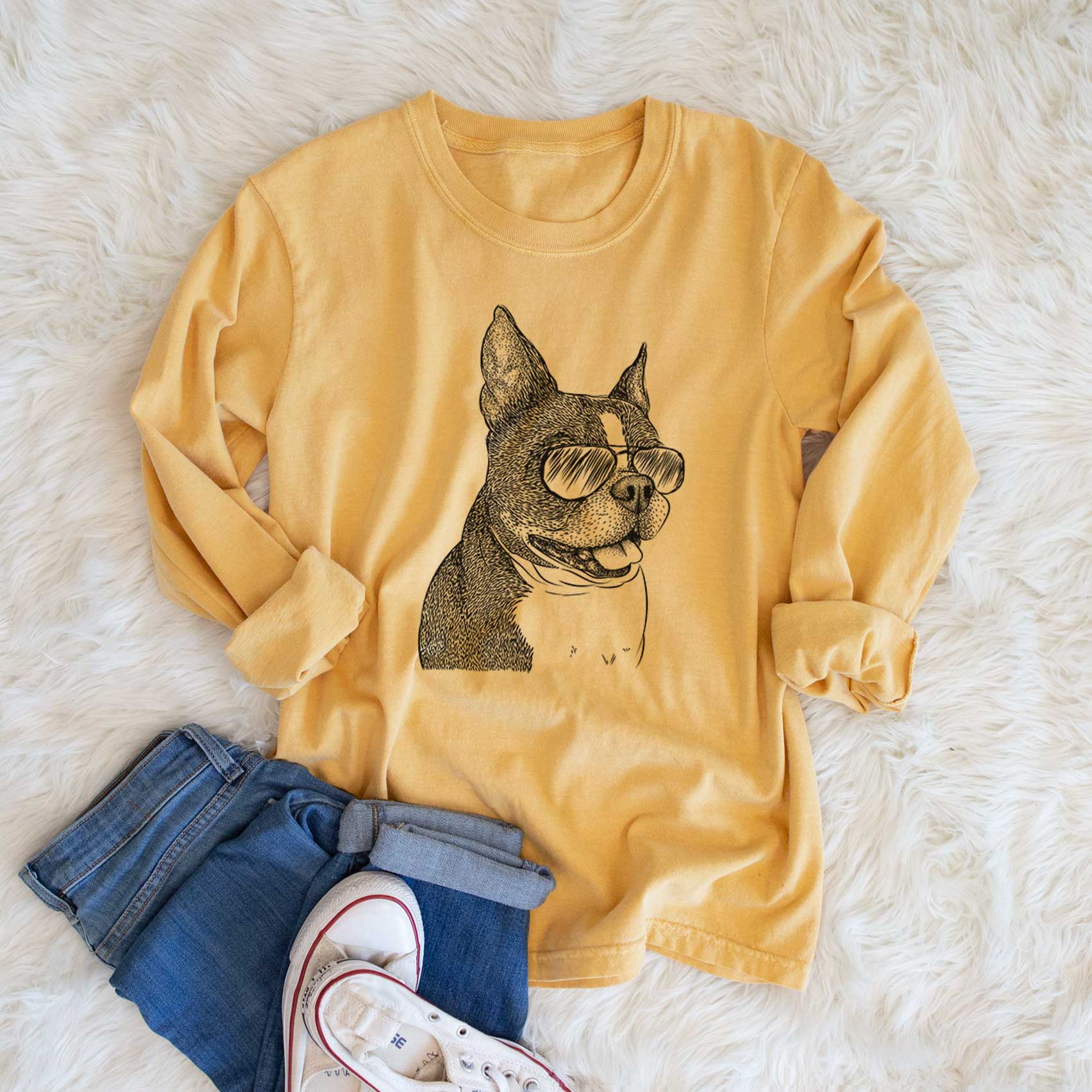 Aviator Ralphie the Boston Terrier - Men's Heavyweight 100% Cotton Long Sleeve - Image 6