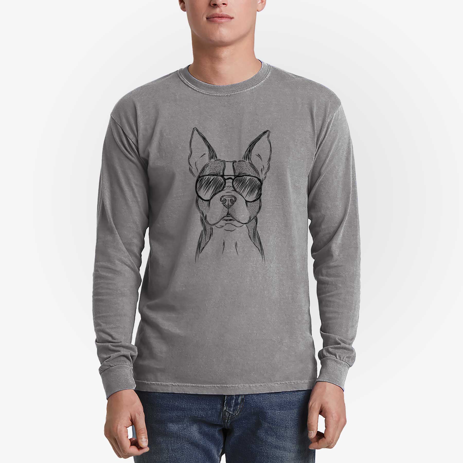 Aviator Scout the Boston Terrier - Men's Heavyweight 100% Cotton Long Sleeve - Image 5