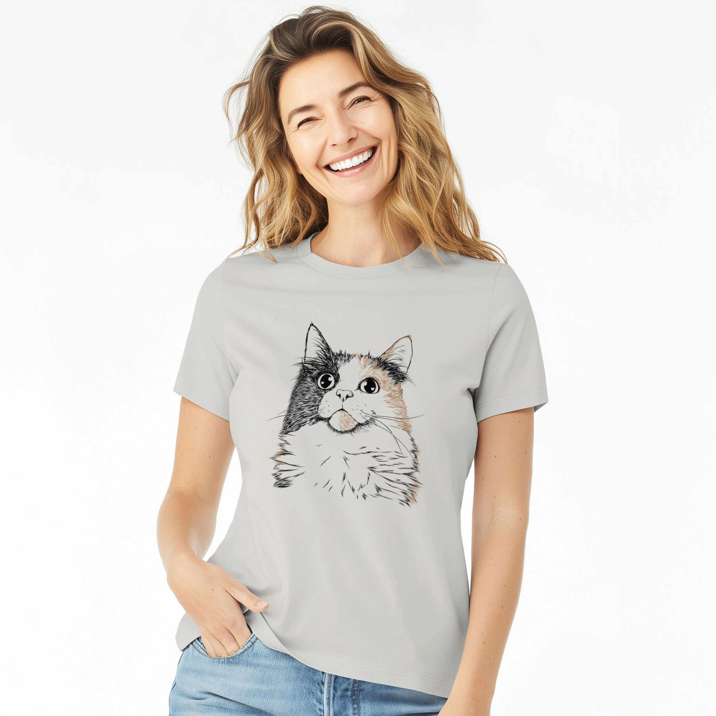 Bare Greta the Calico Cat - Women's Lightweight Relaxed Fit 100% Cotton Crewneck - Image 3