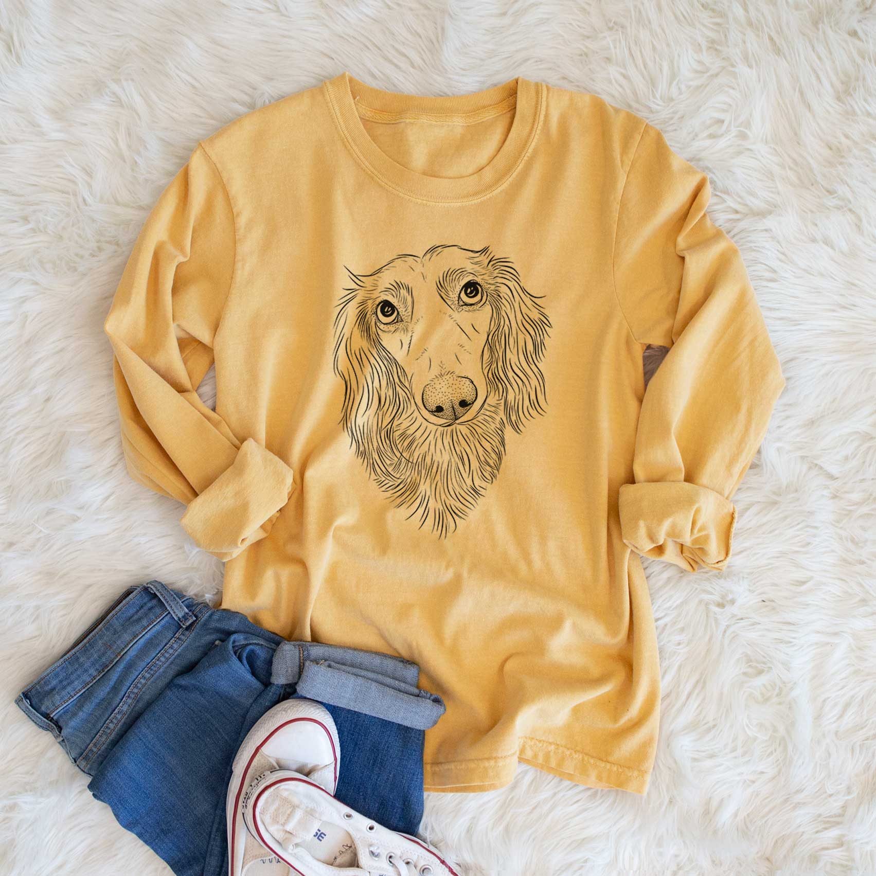 Bare Mr. Rusty the Long Haired Dachshund - Men's Heavyweight 100% Cotton Long Sleeve - Image 6