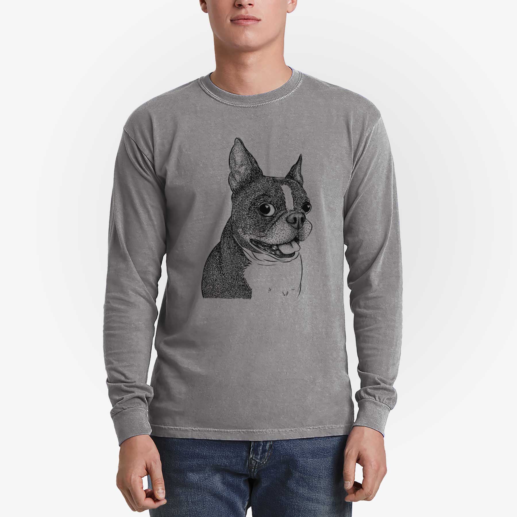 Bare Ralphie the Boston Terrier - Men's Heavyweight 100% Cotton Long Sleeve - Image 5