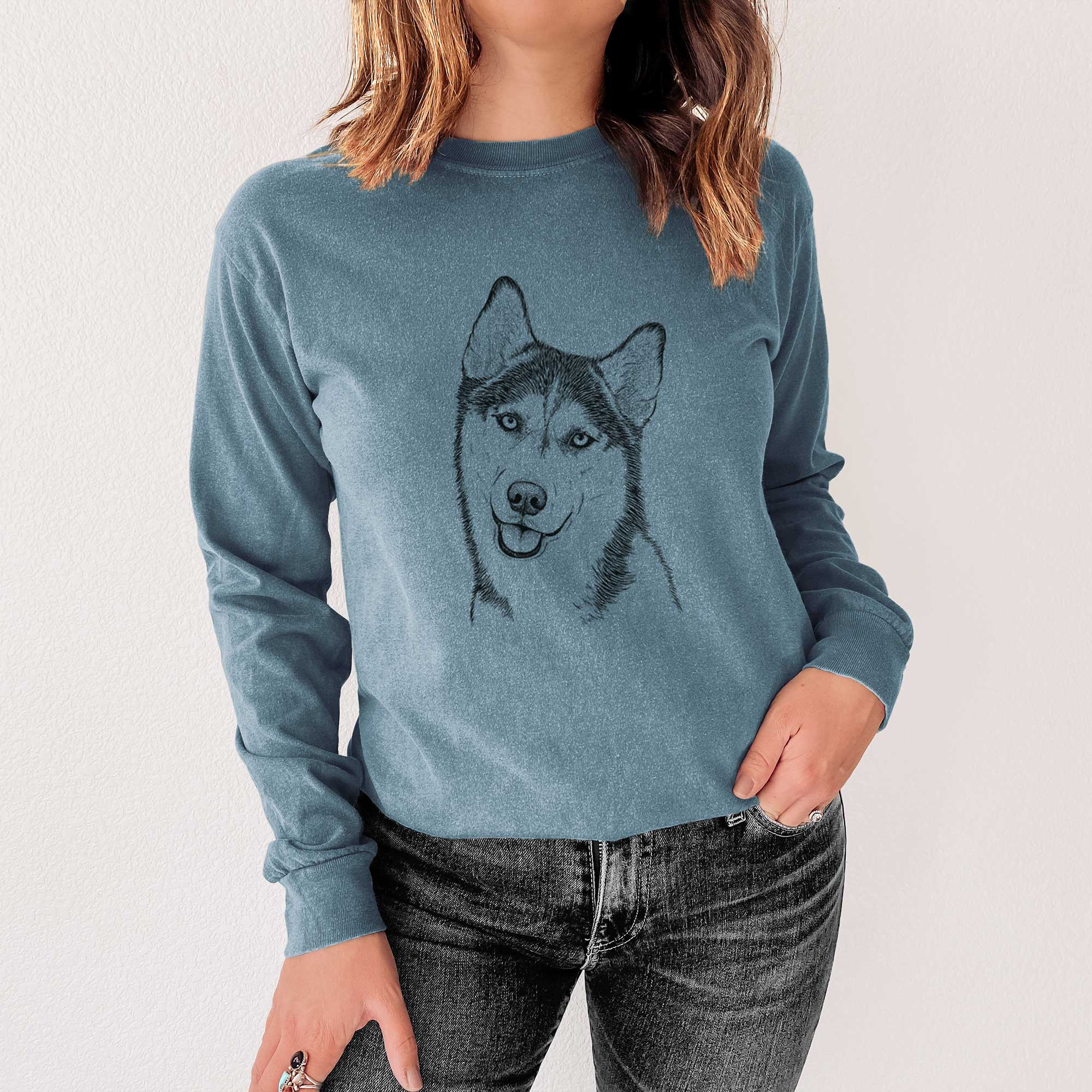 Bare Remmie the Siberian Husky - Men's Heavyweight 100% Cotton Long Sleeve - Image 4