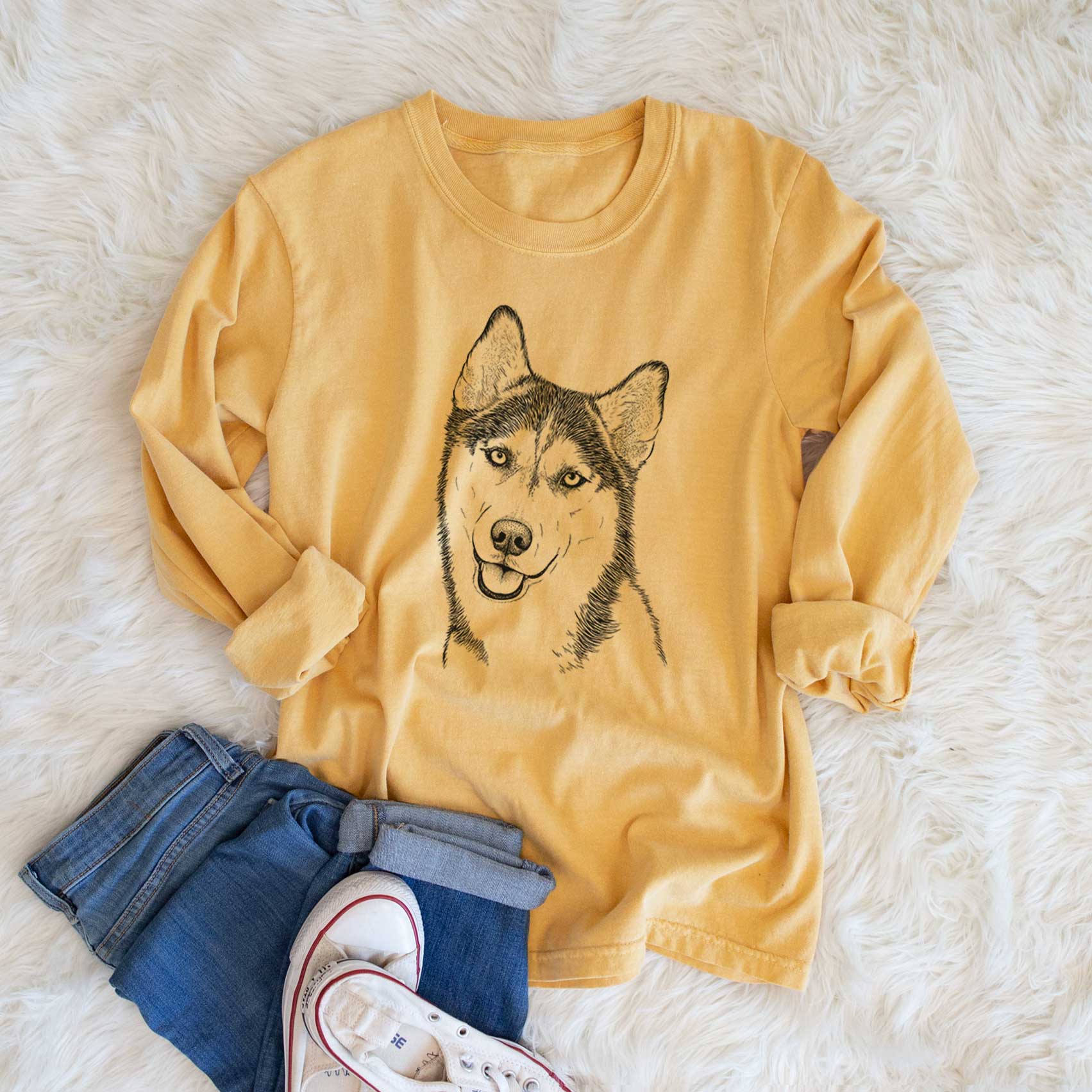 Bare Remmie the Siberian Husky - Men's Heavyweight 100% Cotton Long Sleeve - Image 6