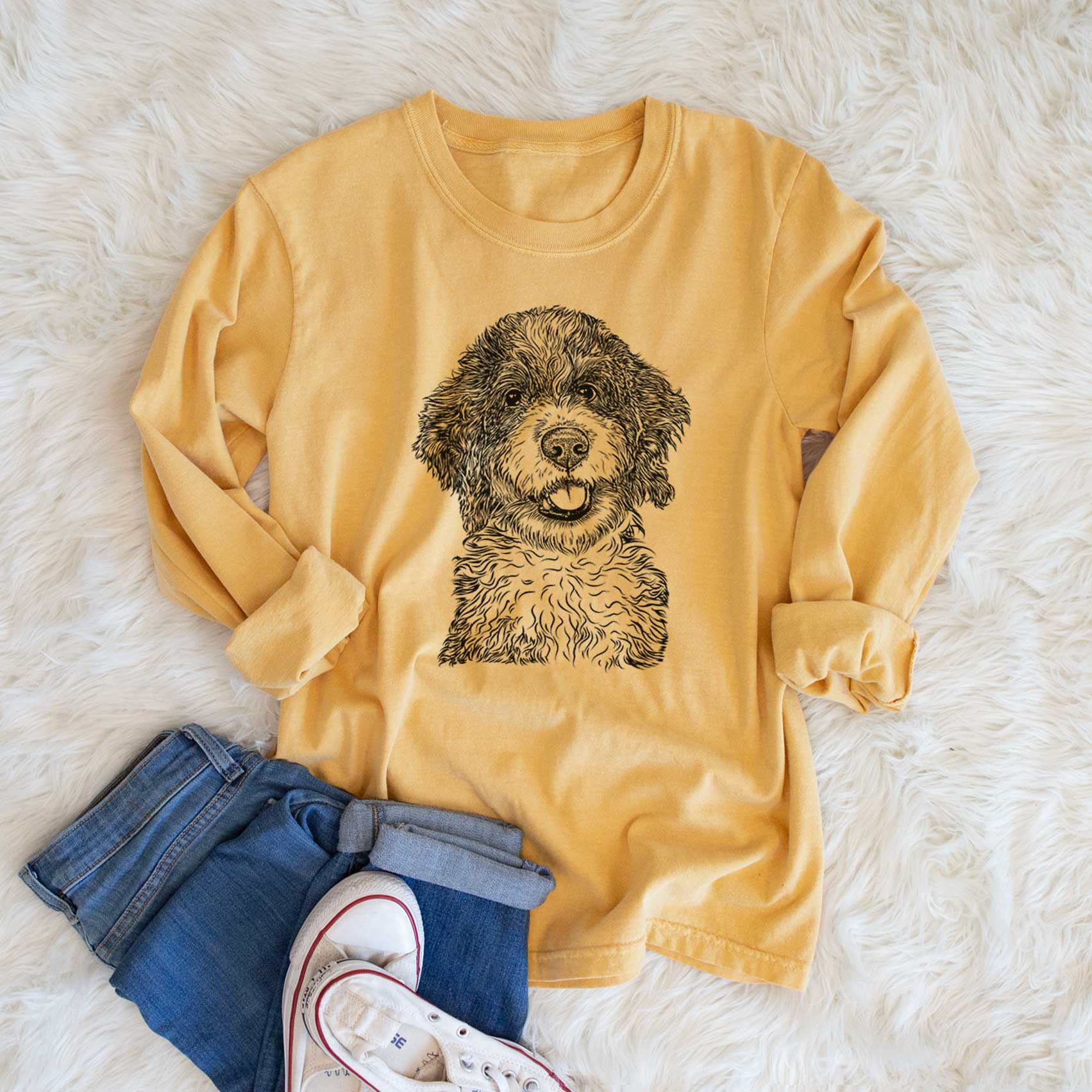 Bare Smoky the Bernedoodle Puppy - Men's Heavyweight 100% Cotton Long Sleeve - Image 6