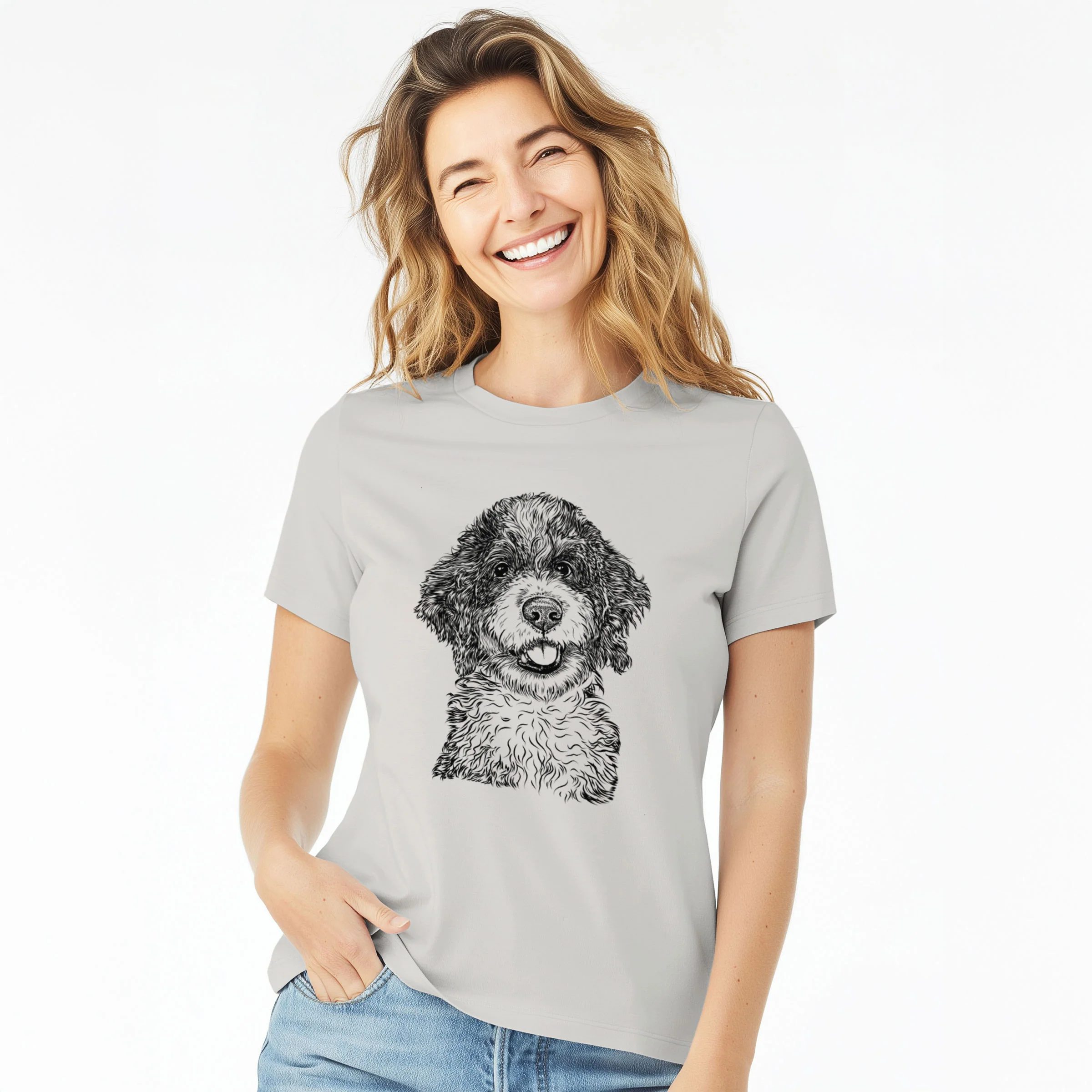 Bare Smoky the Bernedoodle Puppy - Women's Lightweight Relaxed Fit 100% Cotton Crewneck - Image 3