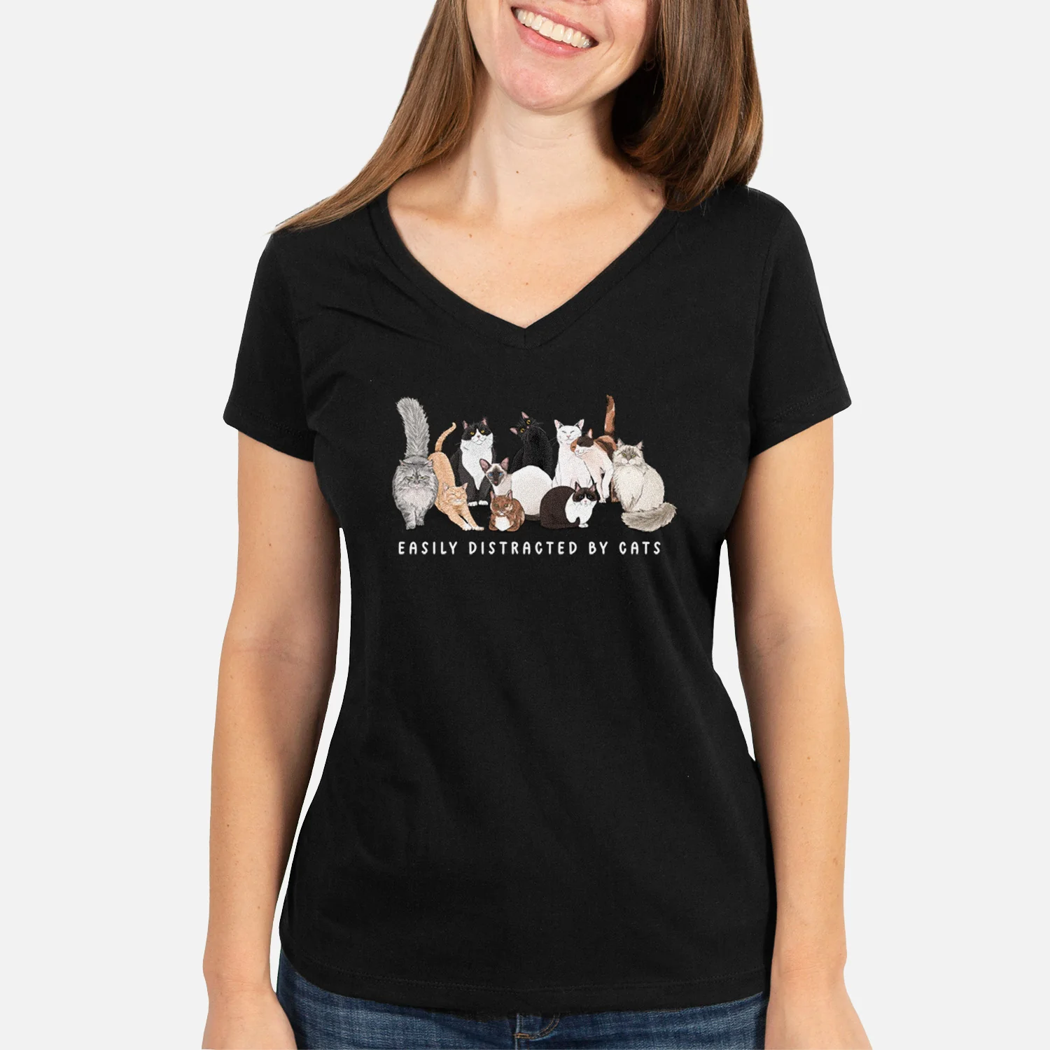 Vibrant Easily Distracted by Cats - Women's Perfect V-neck Shirt - Image 5