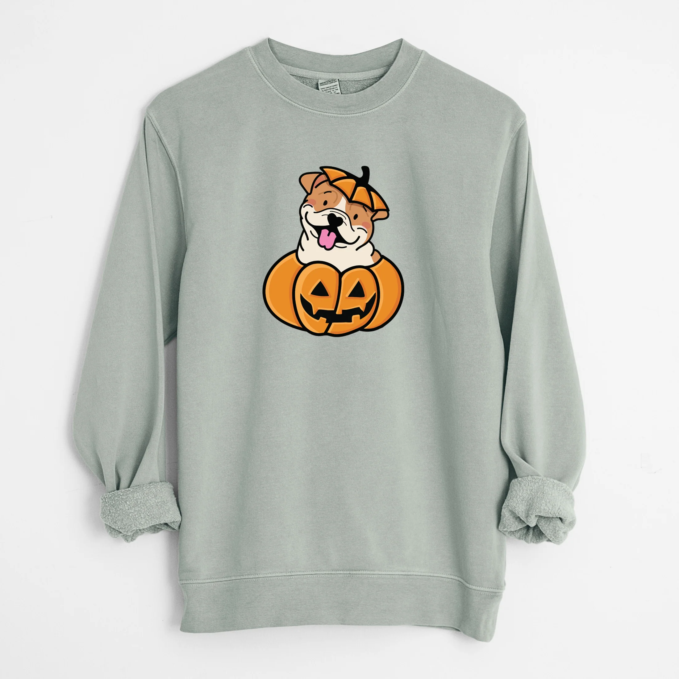 Pumpkin Pup - English Bulldog - Unisex Pigment Dyed Crew Sweatshirt - Image 9