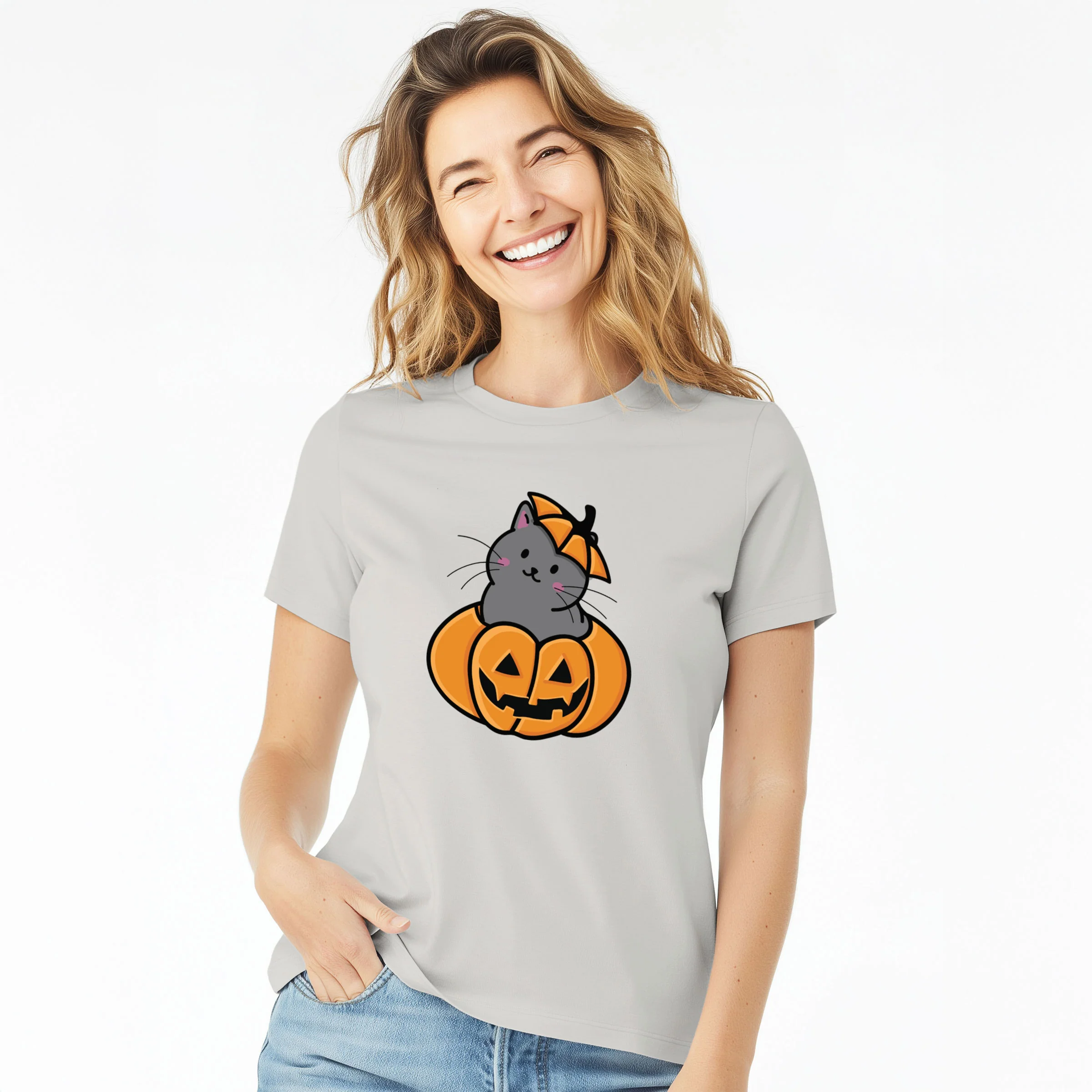 Pumpkin Cat - Black Cat - Women's Lightweight Relaxed Fit 100% Cotton Crewneck - Image 3