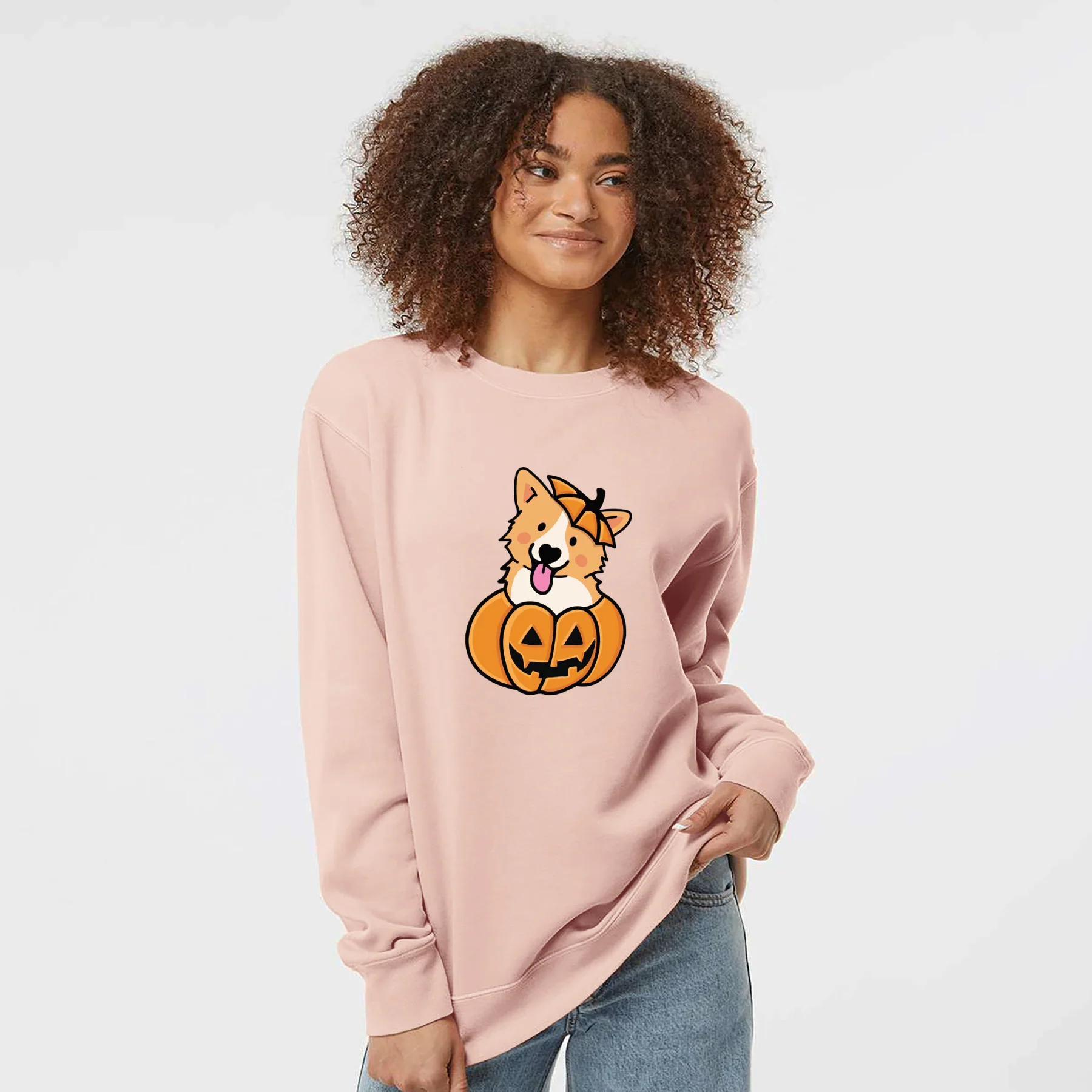 Pumpkin Pup - Corgi - Unisex Pigment Dyed Crew Sweatshirt - Image 2