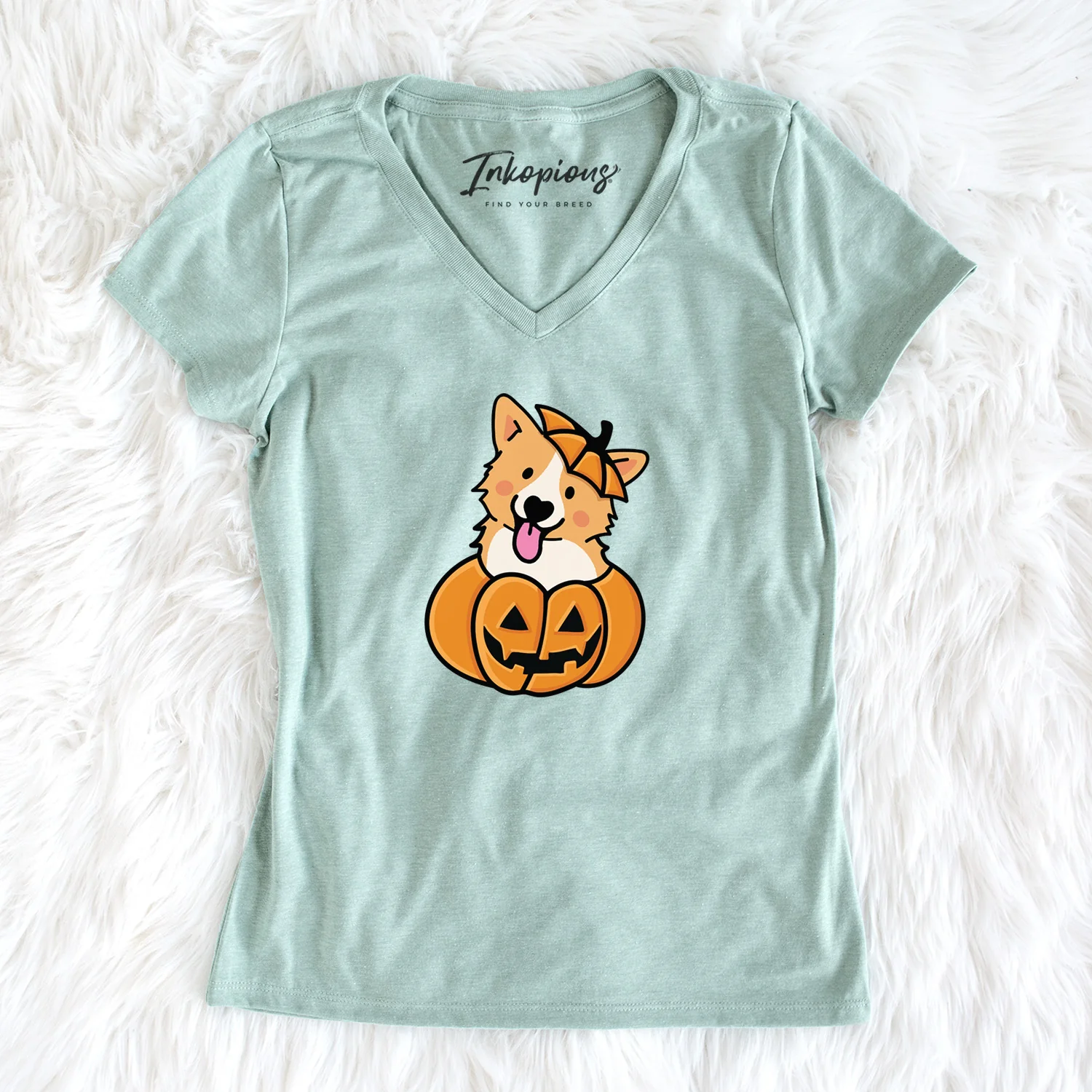 Pumpkin Pup - Corgi - Women's Perfect V-neck Shirt - Image 2