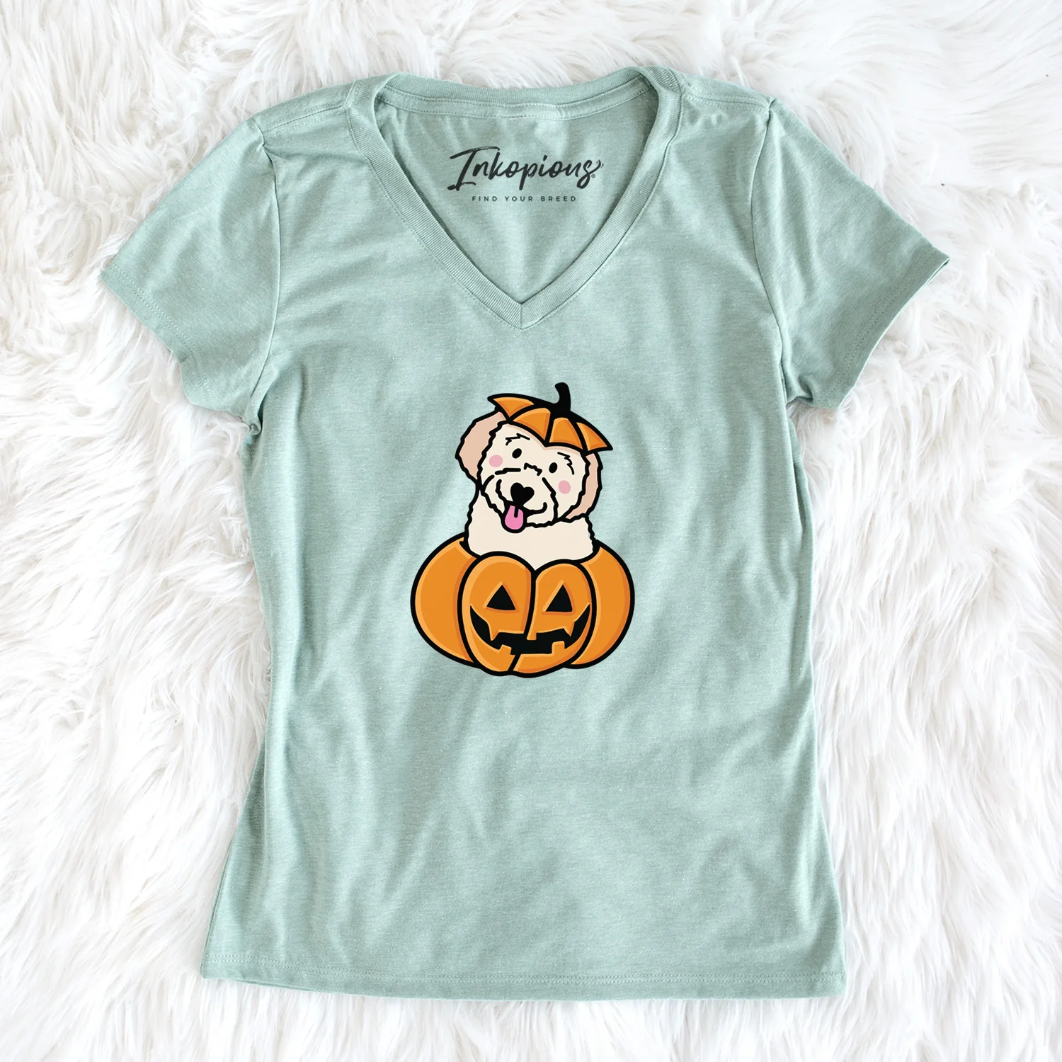 Pumpkin Pup - Doodle - Women's Perfect V-neck Shirt - Image 2