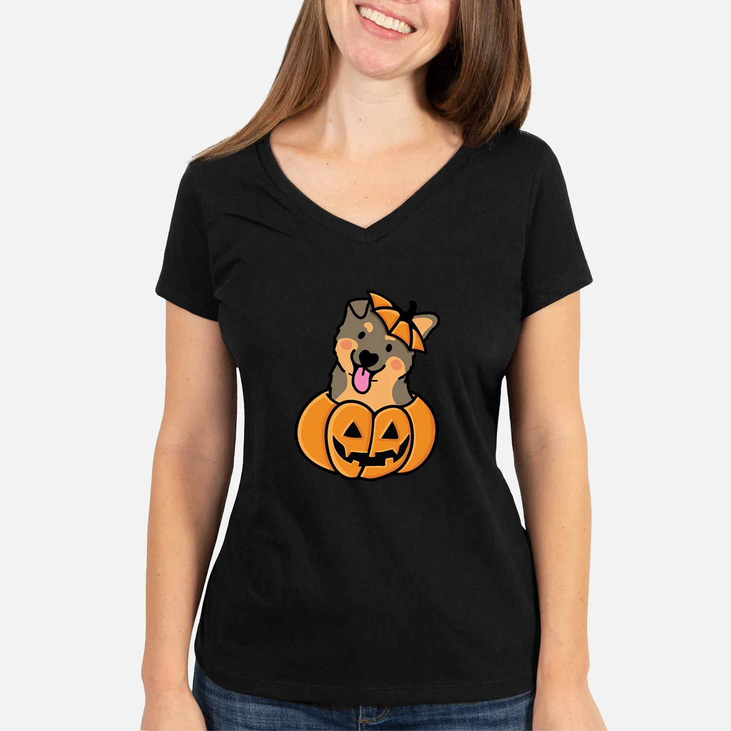 Pumpkin Pup - German Shepherd - Women's Perfect V-neck Shirt - Image 5