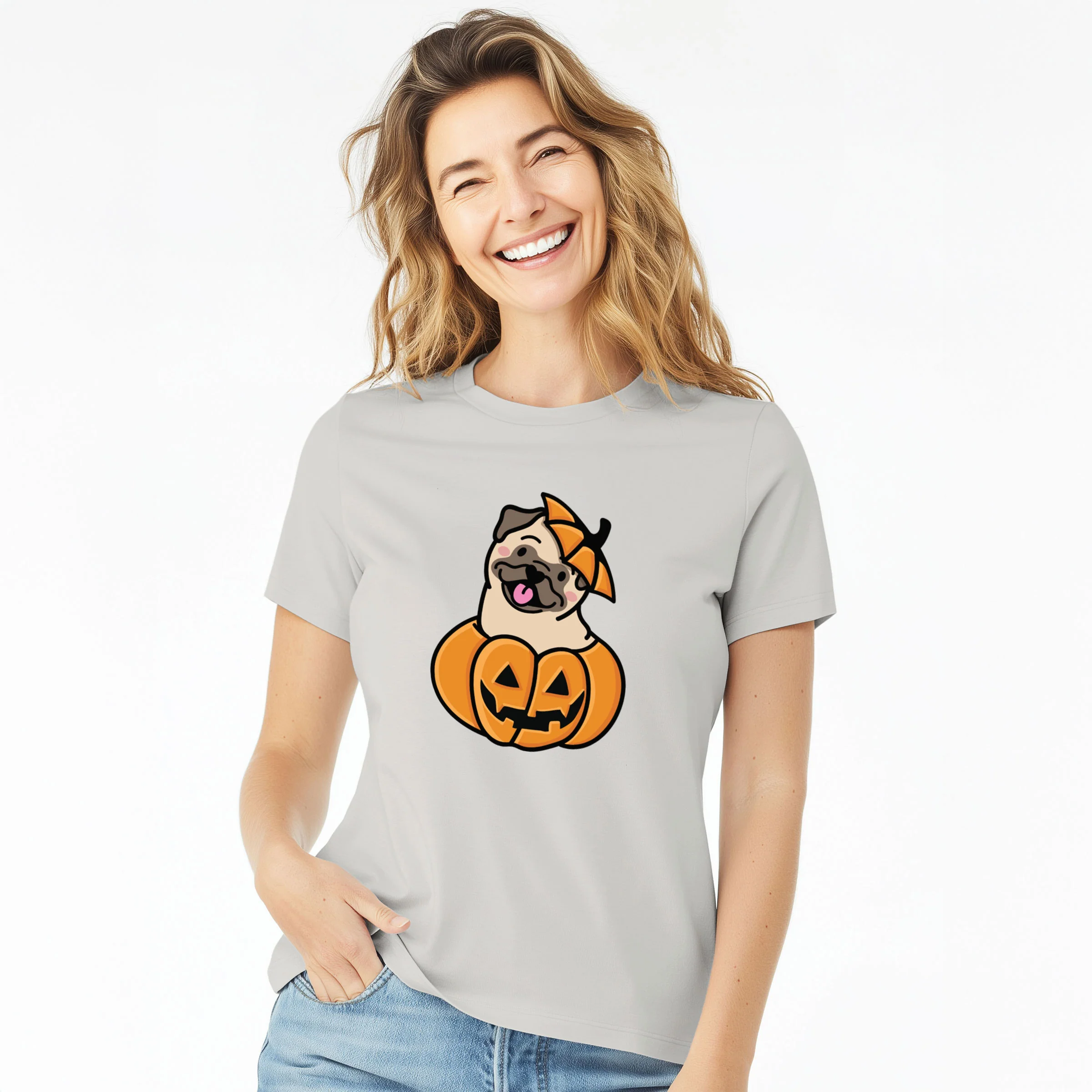 Pumpkin Pup - Pug - Women's Lightweight Relaxed Fit 100% Cotton Crewneck - Image 3