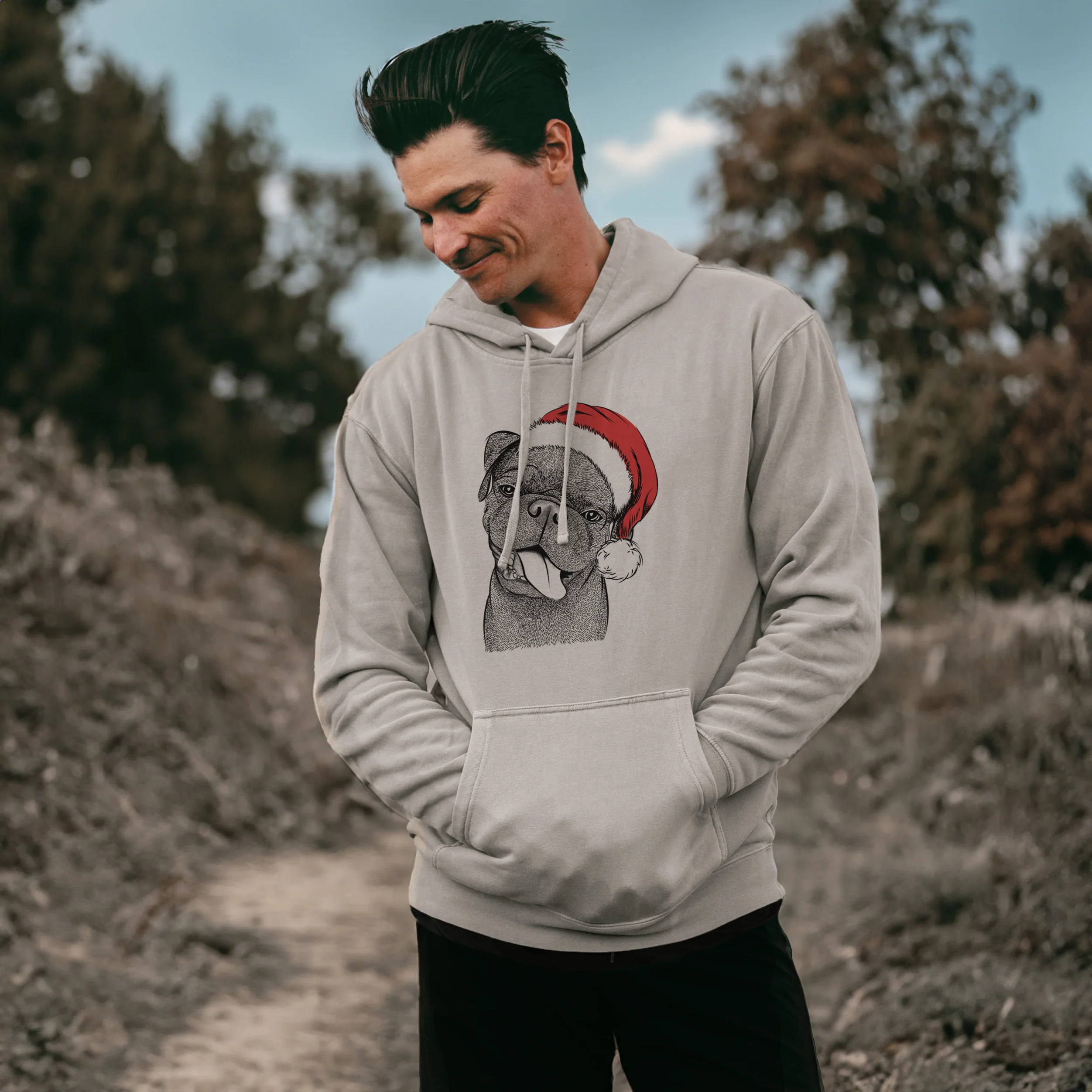 Santa Hat Dudley Danger the Pug - Unisex Pigment Dyed Hoodie - Image 3