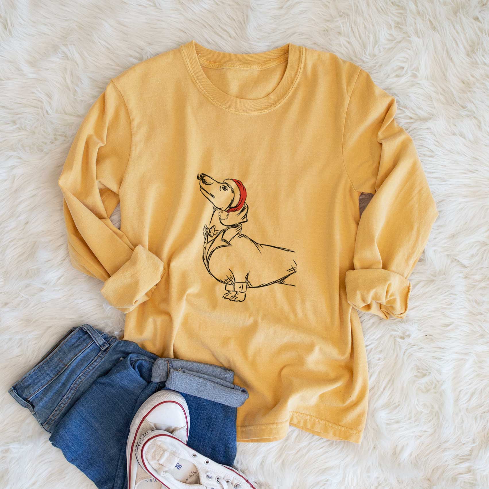 Santa George the Dachshund - Men's Heavyweight 100% Cotton Long Sleeve - Image 6
