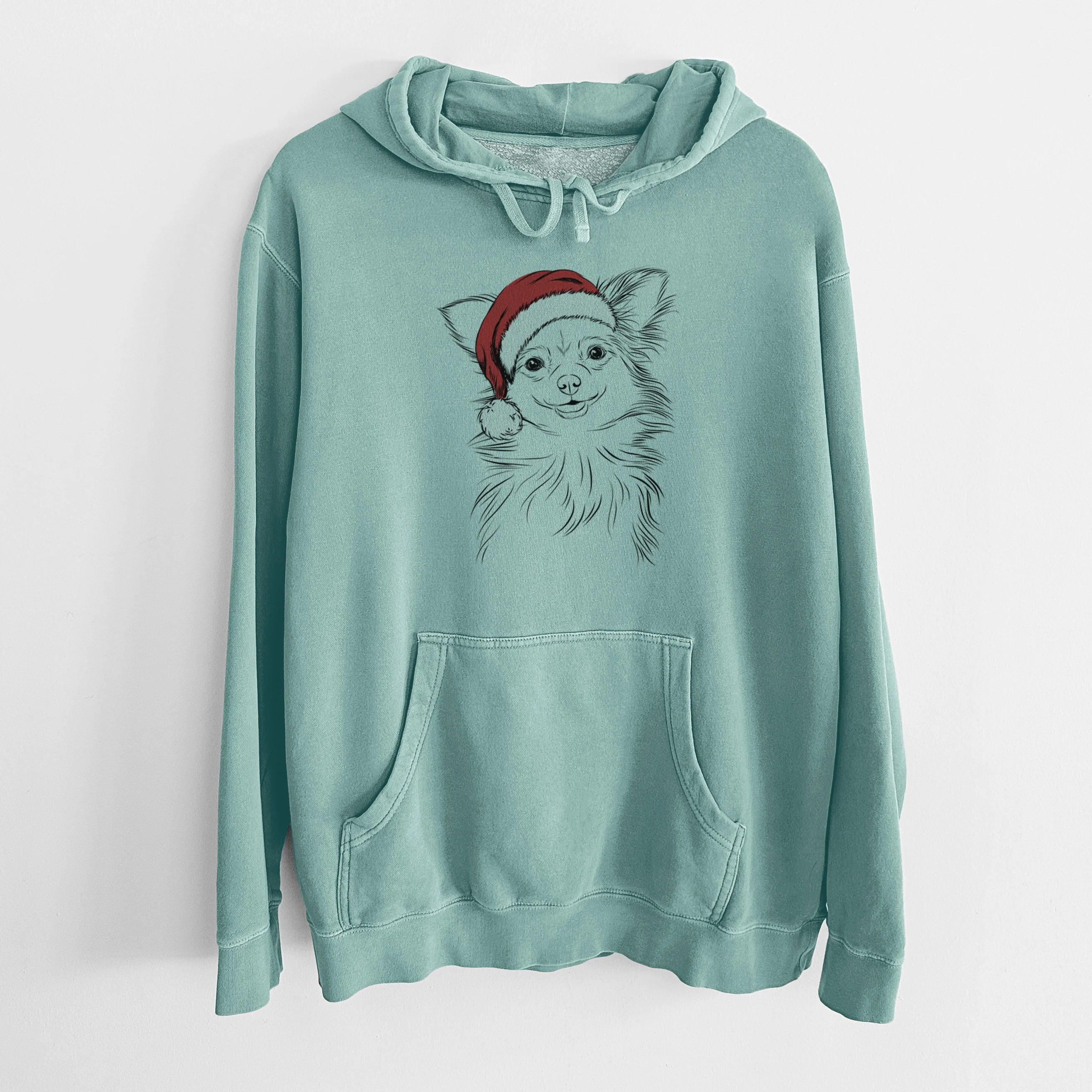 Santa Hat Marzi the Long Haired Chihuahua - Unisex Pigment Dyed Hoodie