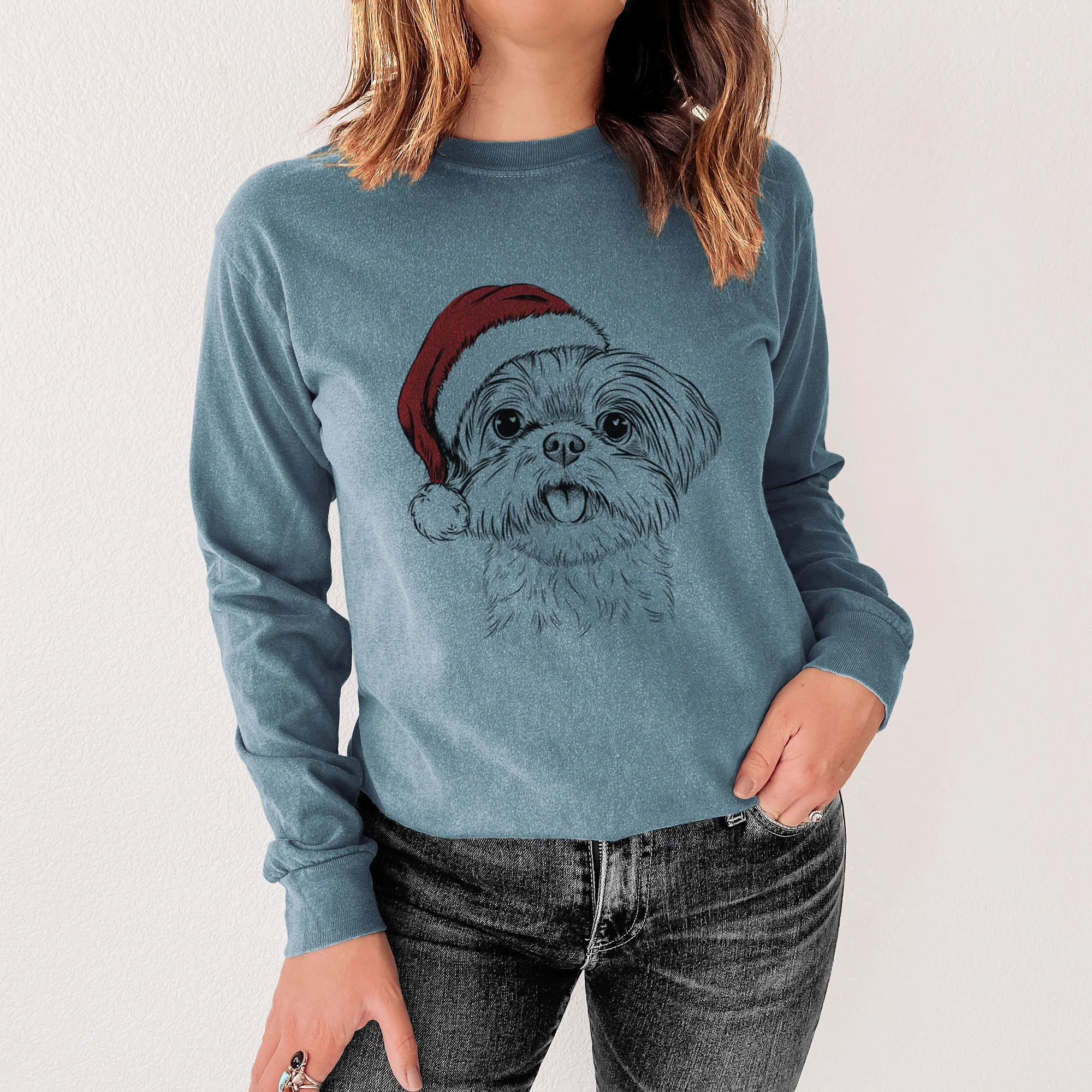 Santa Pebbles the Shorkie - Heavyweight 100% Cotton Long Sleeve - Image 3