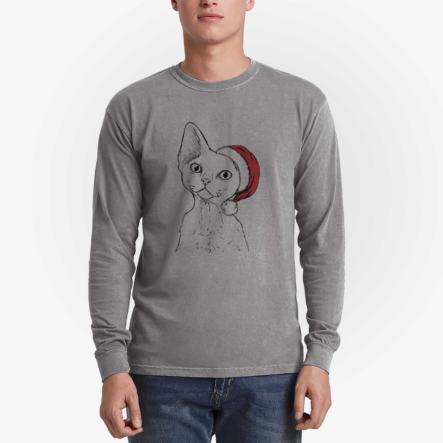 Santa Ripley the Devon Rex Cat - Men's Heavyweight 100% Cotton Long Sleeve - Image 5