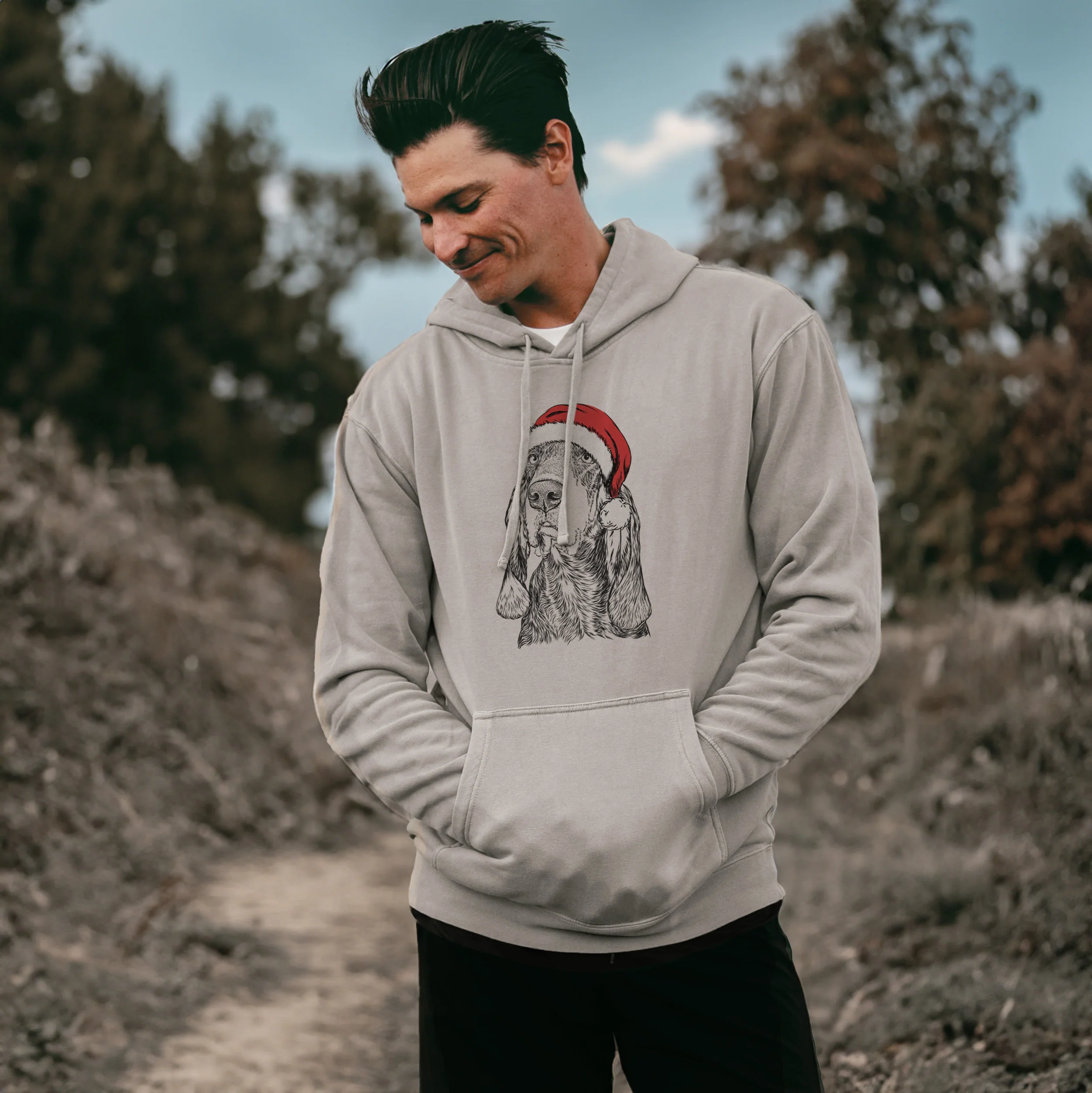 Santa Hat Stu the Black and Tan Coonhound - Unisex Pigment Dyed Hoodie - Image 3