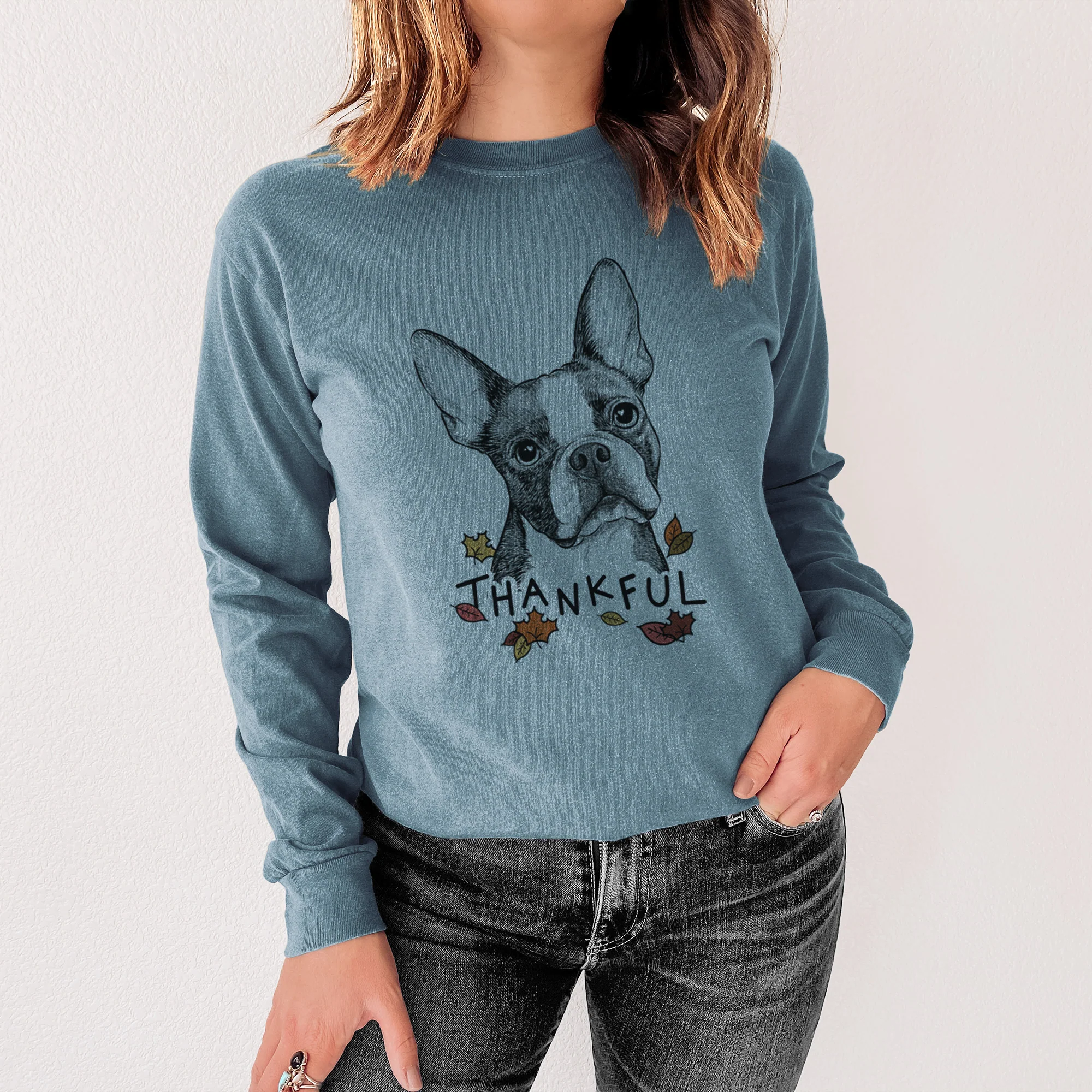 Thankful Dee Dee the Boston Terrier - Men's Heavyweight 100% Cotton Long Sleeve - Image 4