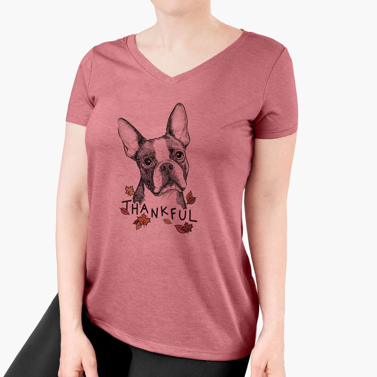 Thankful Dee Dee the Boston Terrier - Women's V-neck Shirt - Image 4