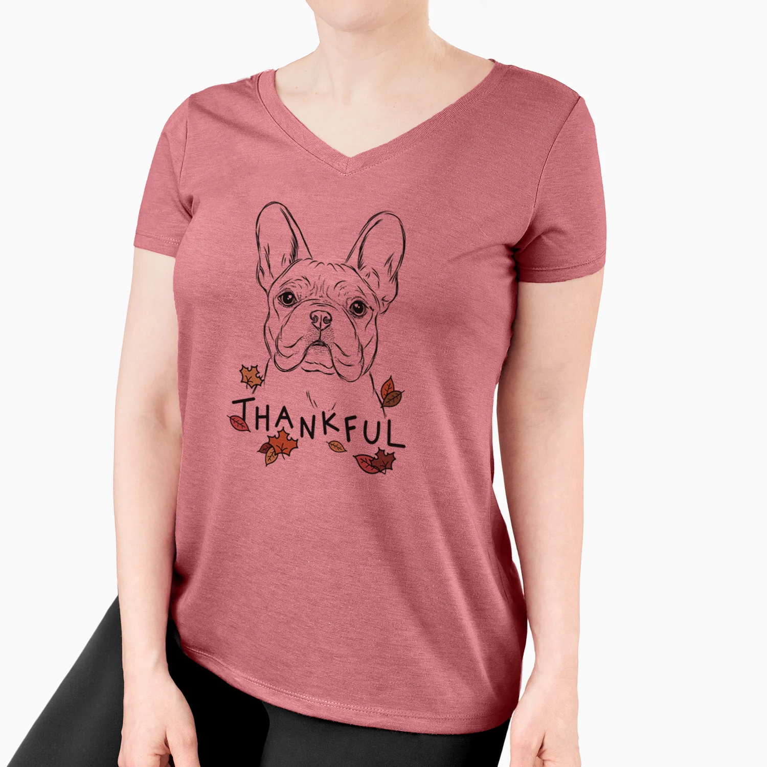 Thankful Franco the French Bulldog - Women's V-neck Shirt - Image 4