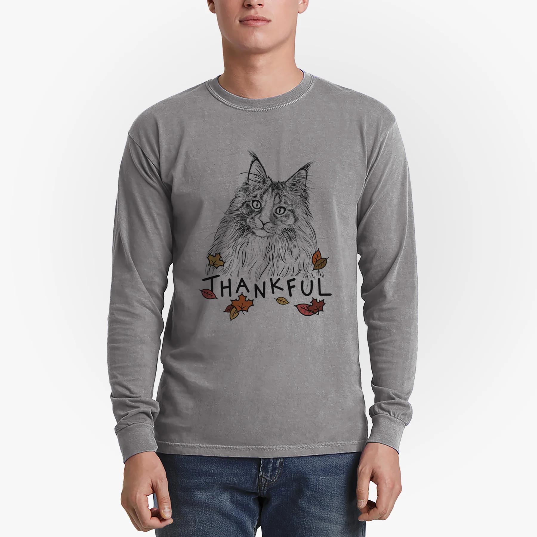 Thankful Kiki the Maine Coon Cat - Men's Heavyweight 100% Cotton Long Sleeve - Image 5