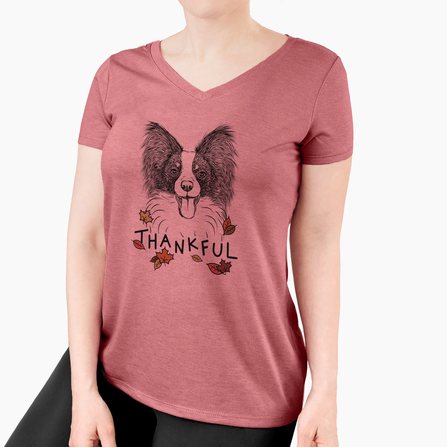 Thankful Patrick the Papillon - Women's V-neck Shirt - Image 4