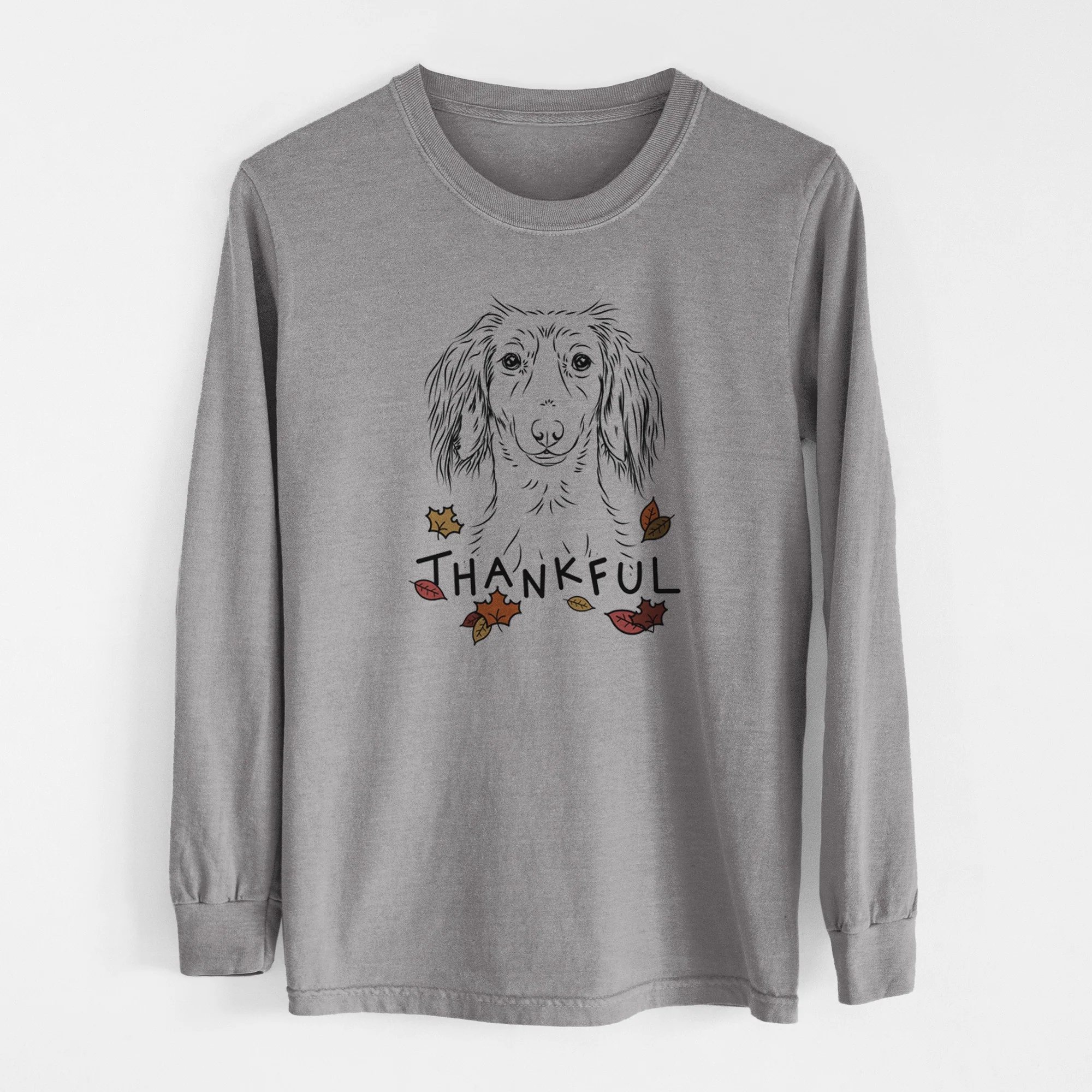 Thankful Roux the Long Haired Dachshund - Men's Heavyweight 100% Cotton Long Sleeve - Image 7
