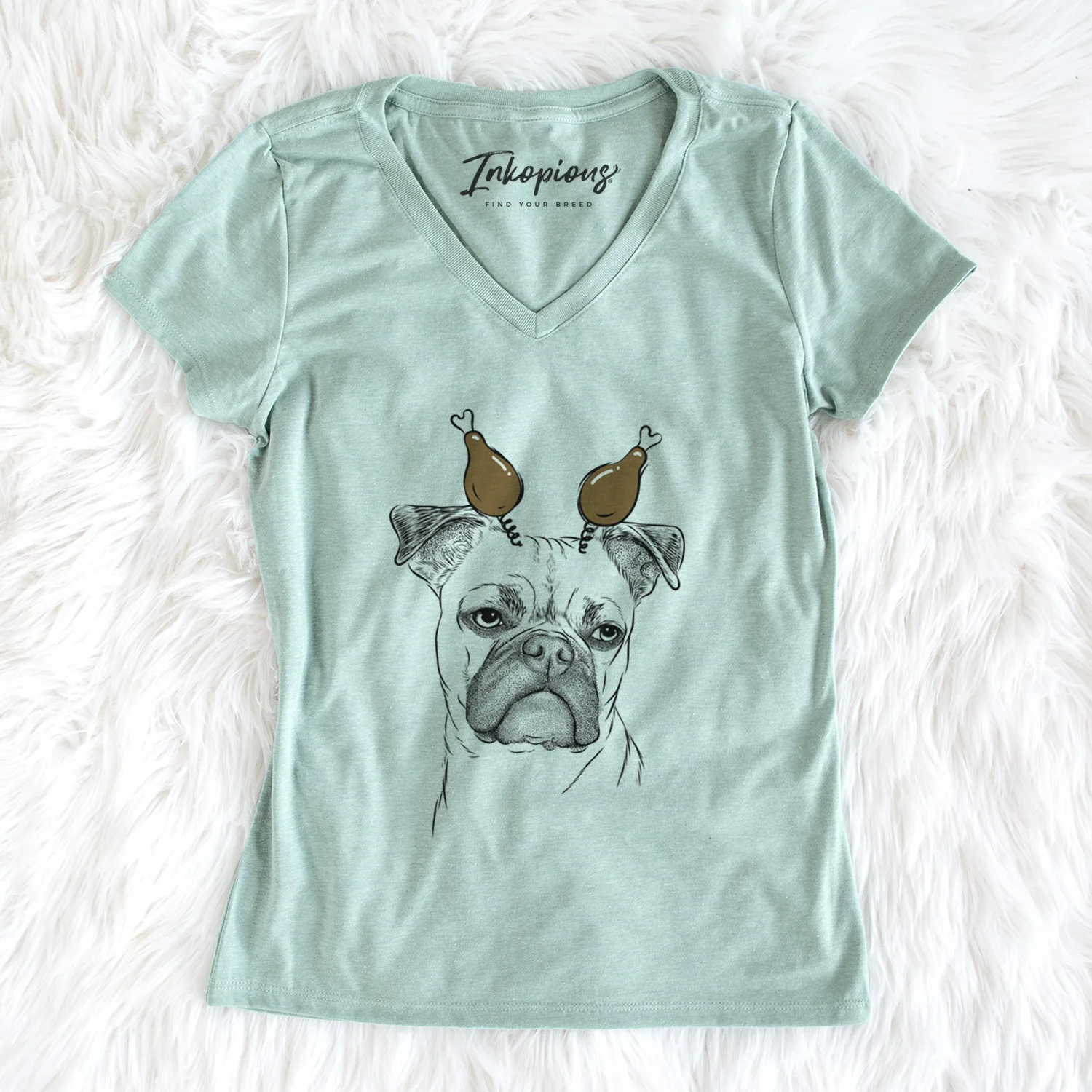 Thanksgiving Mack the Bugg (Boston Terrier/Pug) - Women's Perfect V-neck Shirt - Image 5