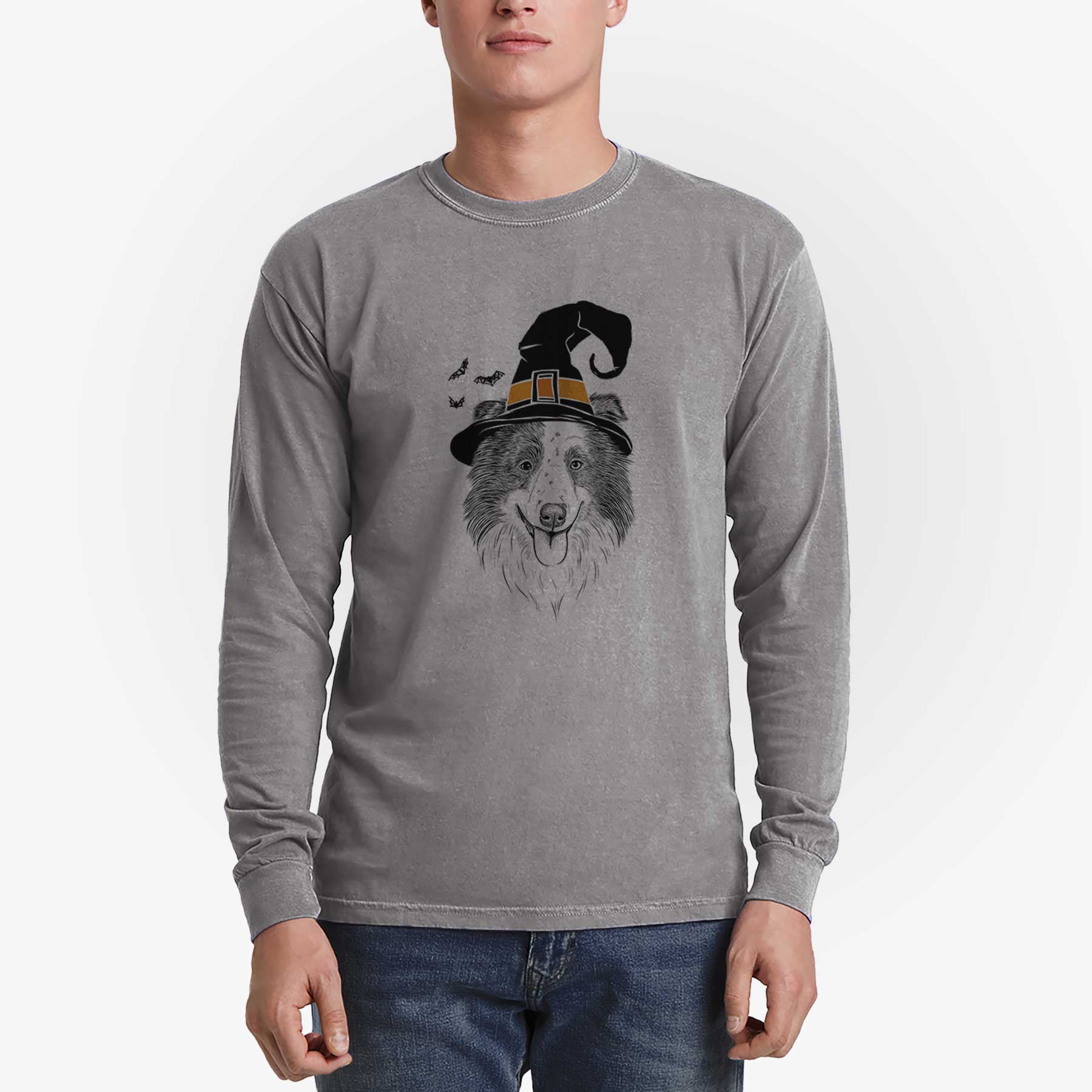Witch Lady Bug the Border Collie - Men's Heavyweight 100% Cotton Long Sleeve - Image 5