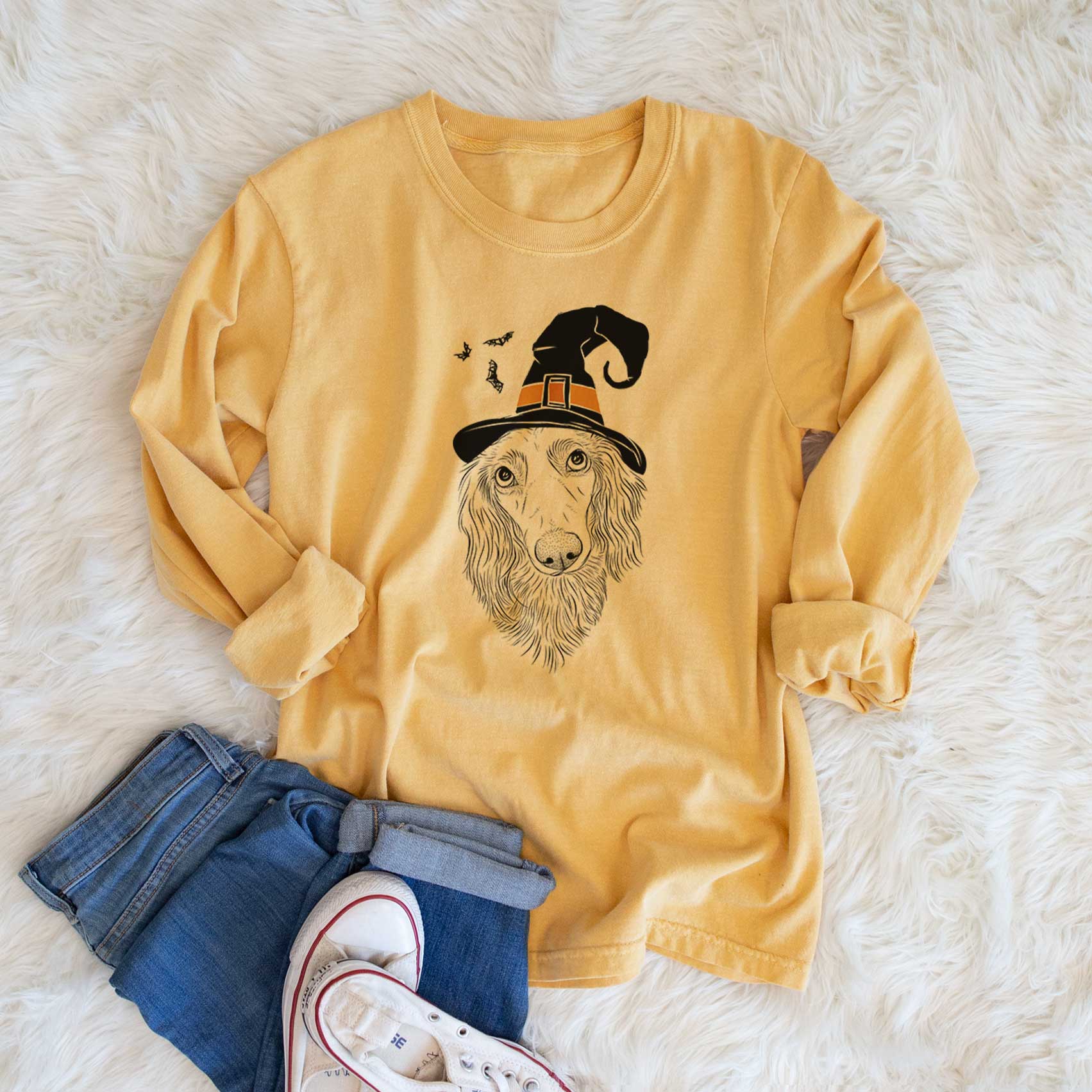 Witch Mr. Rusty the Long Haired Dachshund - Men's Heavyweight 100% Cotton Long Sleeve - Image 6