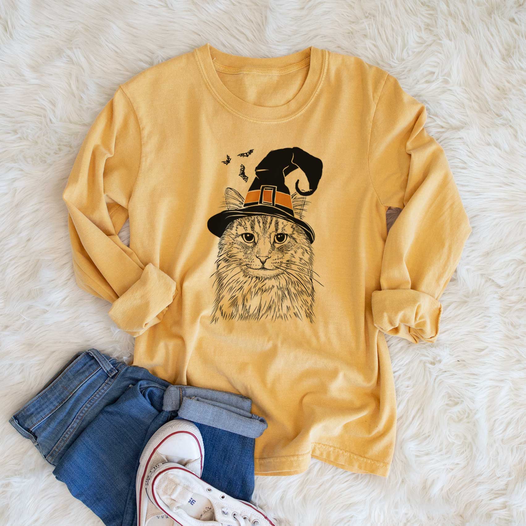 Witch Oliver Fluff the Maine Coon Mix Cat - Men's Heavyweight 100% Cotton Long Sleeve - Image 6
