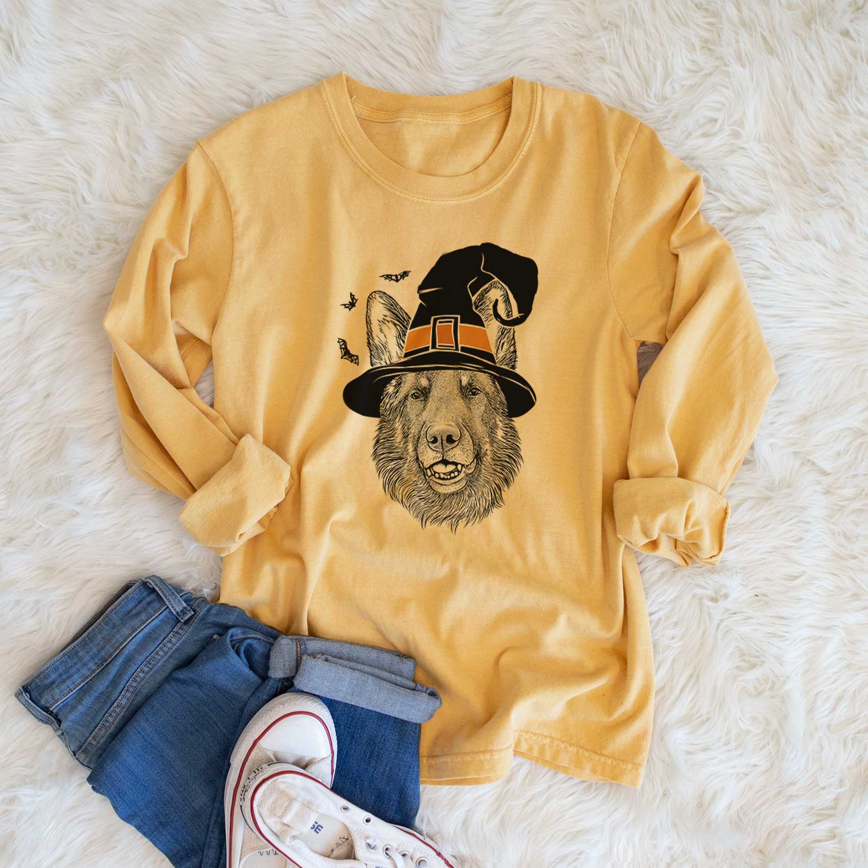 Witch Sammie the German Shepherd - Men's Heavyweight 100% Cotton Long Sleeve - Image 6