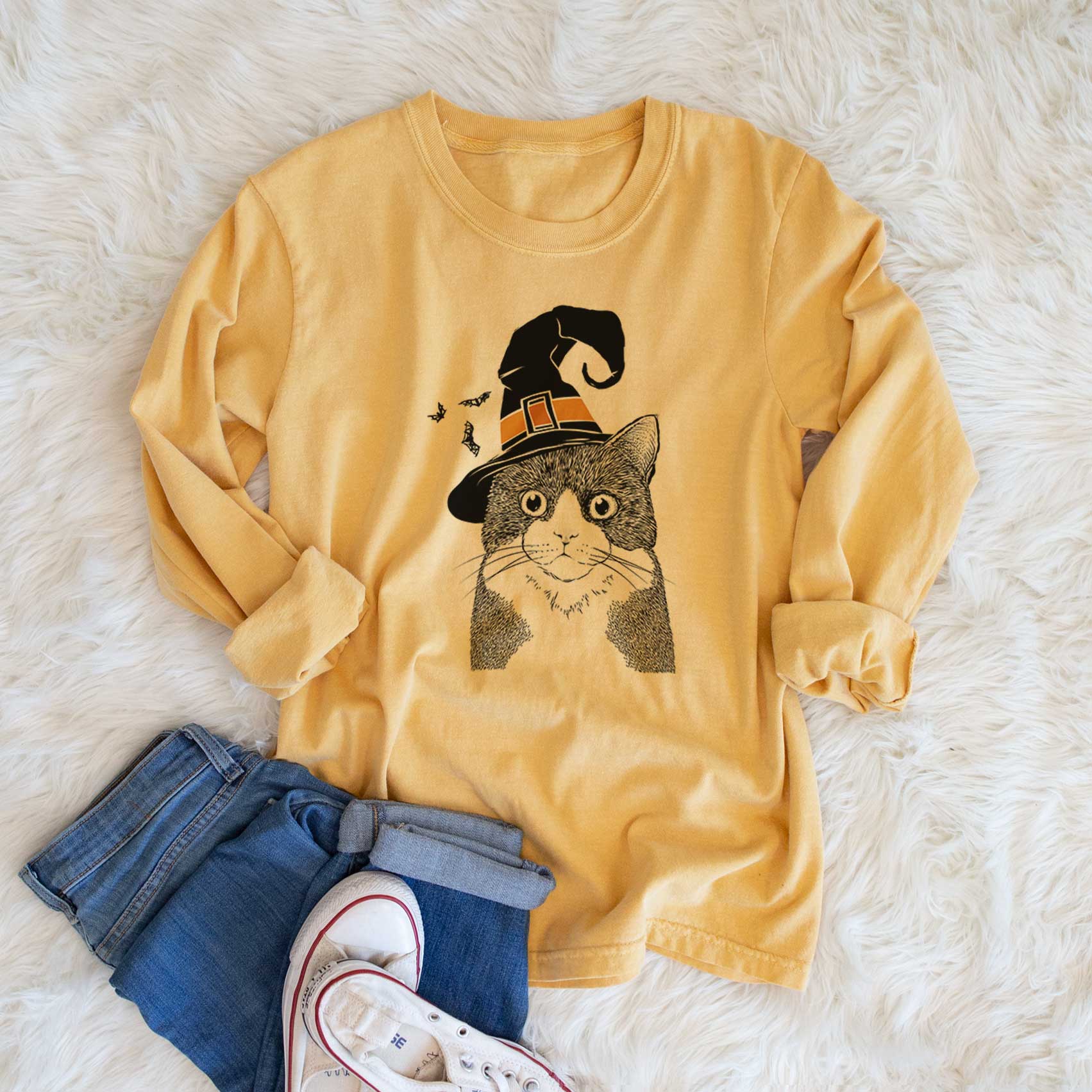 Witch Tux the Tuxedo Cat - Men's Heavyweight 100% Cotton Long Sleeve - Image 6