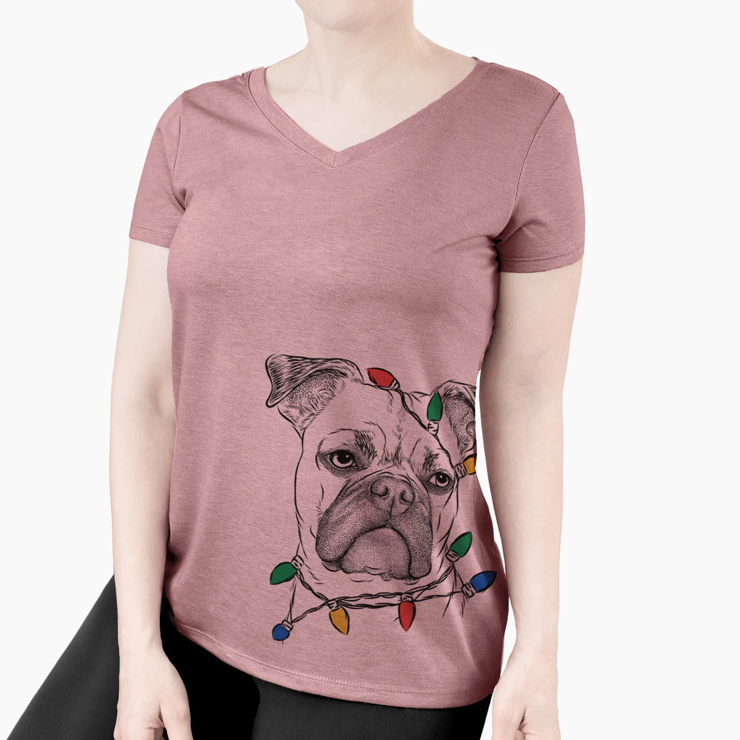 Christmas Lights Mack the Bugg (Boston Terrier/Pug) - Women's Perfect V-neck Shirt - Image 3