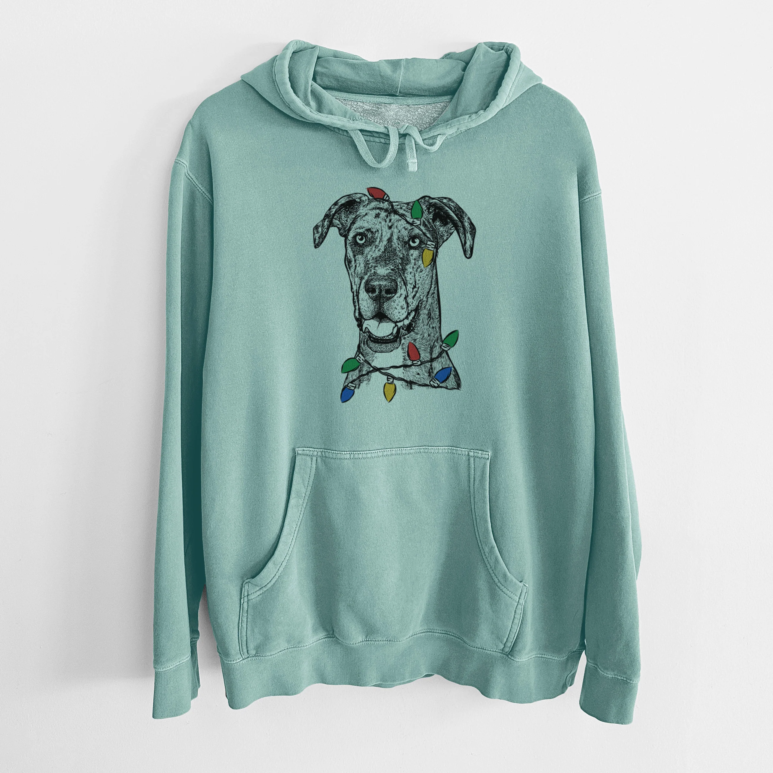 Christmas Lights Athena the Merle Great Dane - Unisex Pigment Dyed Hoodie - Image 8