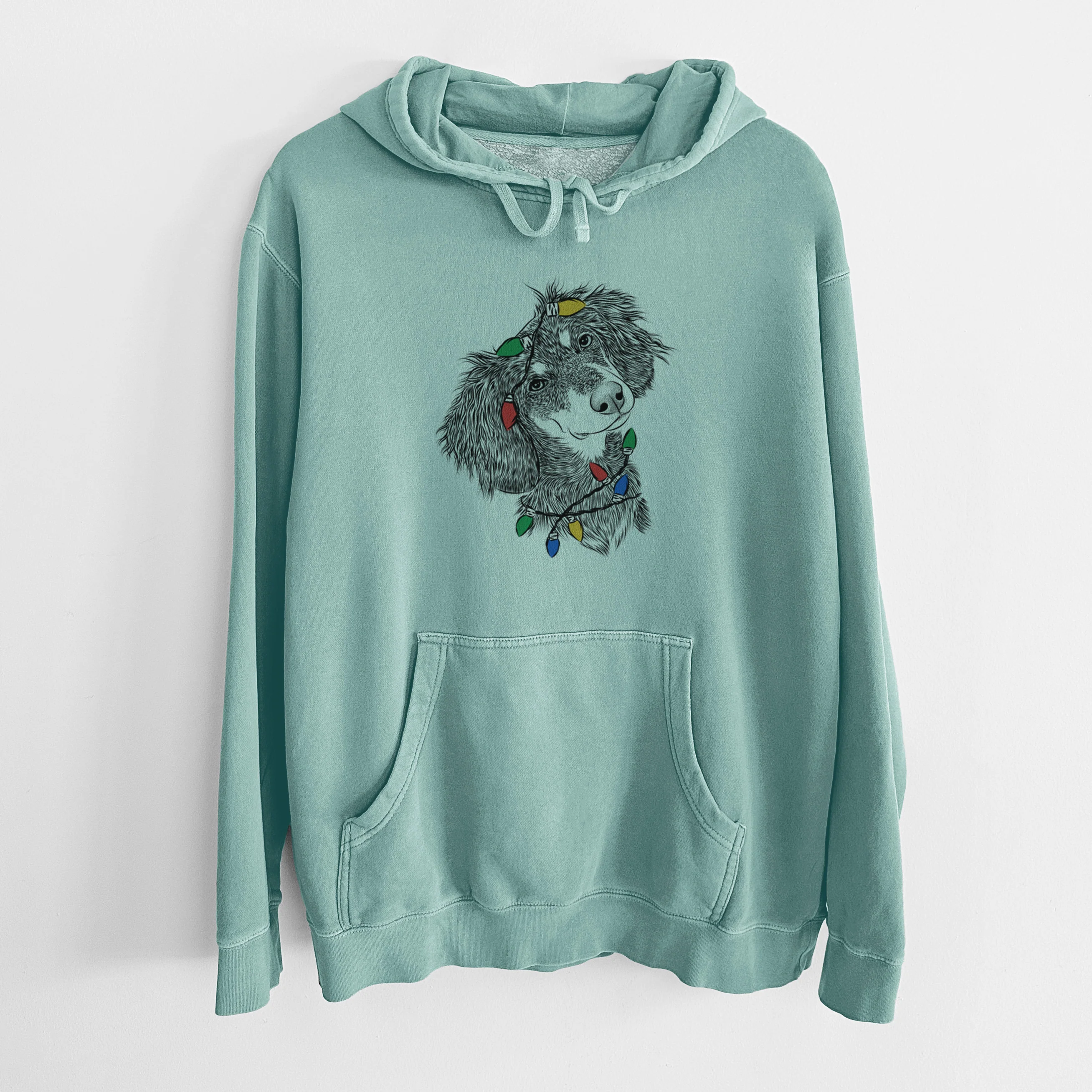 Christmas Lights Bailey the Long Haired Dachshund - Unisex Pigment Dyed Hoodie - Image 8