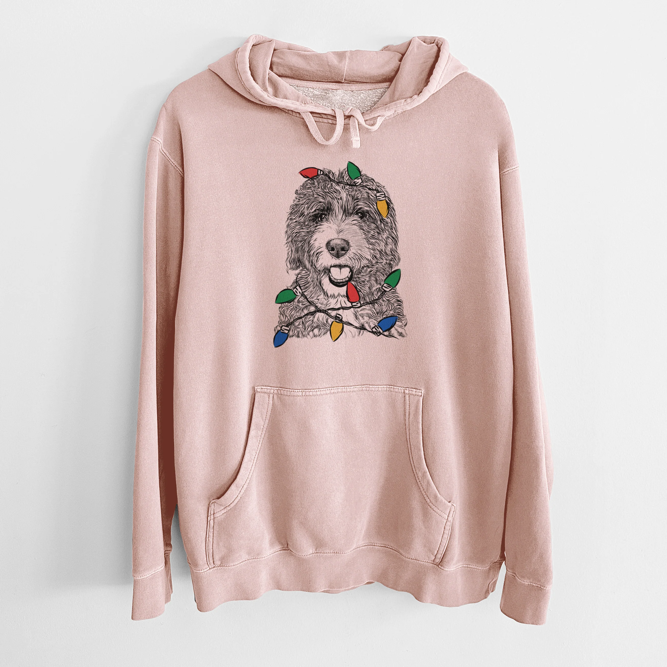 Christmas Lights Bash the Bernedoodle - Unisex Pigment Dyed Hoodie - Image 6