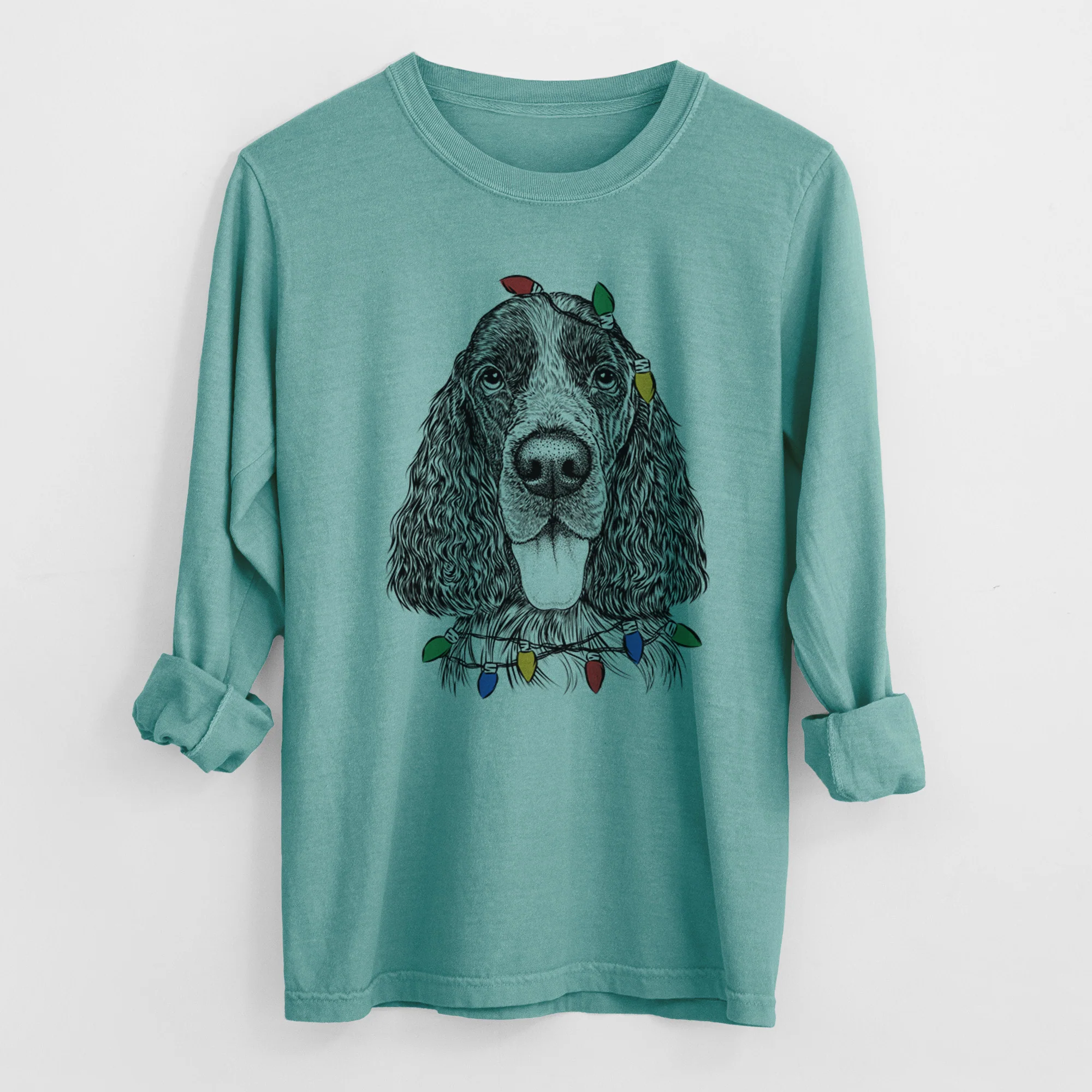 Christmas Lights Duke the English Springer Spaniel - Heavyweight 100% Cotton Long Sleeve - Image 8