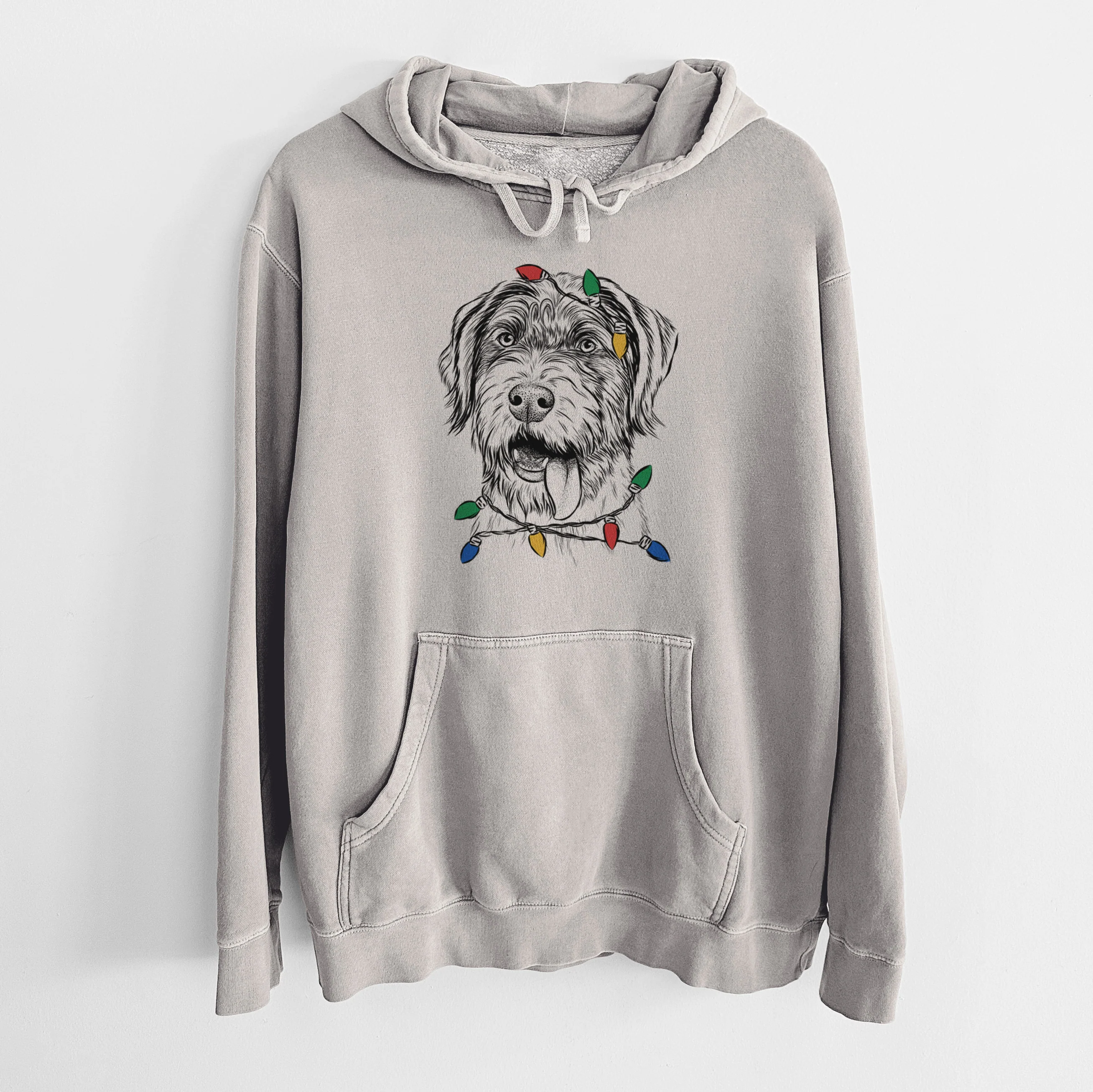 Christmas Lights Hazel the German Wirehaired Pointer Mix - Unisex Pigment Dyed Hoodie - Image 5