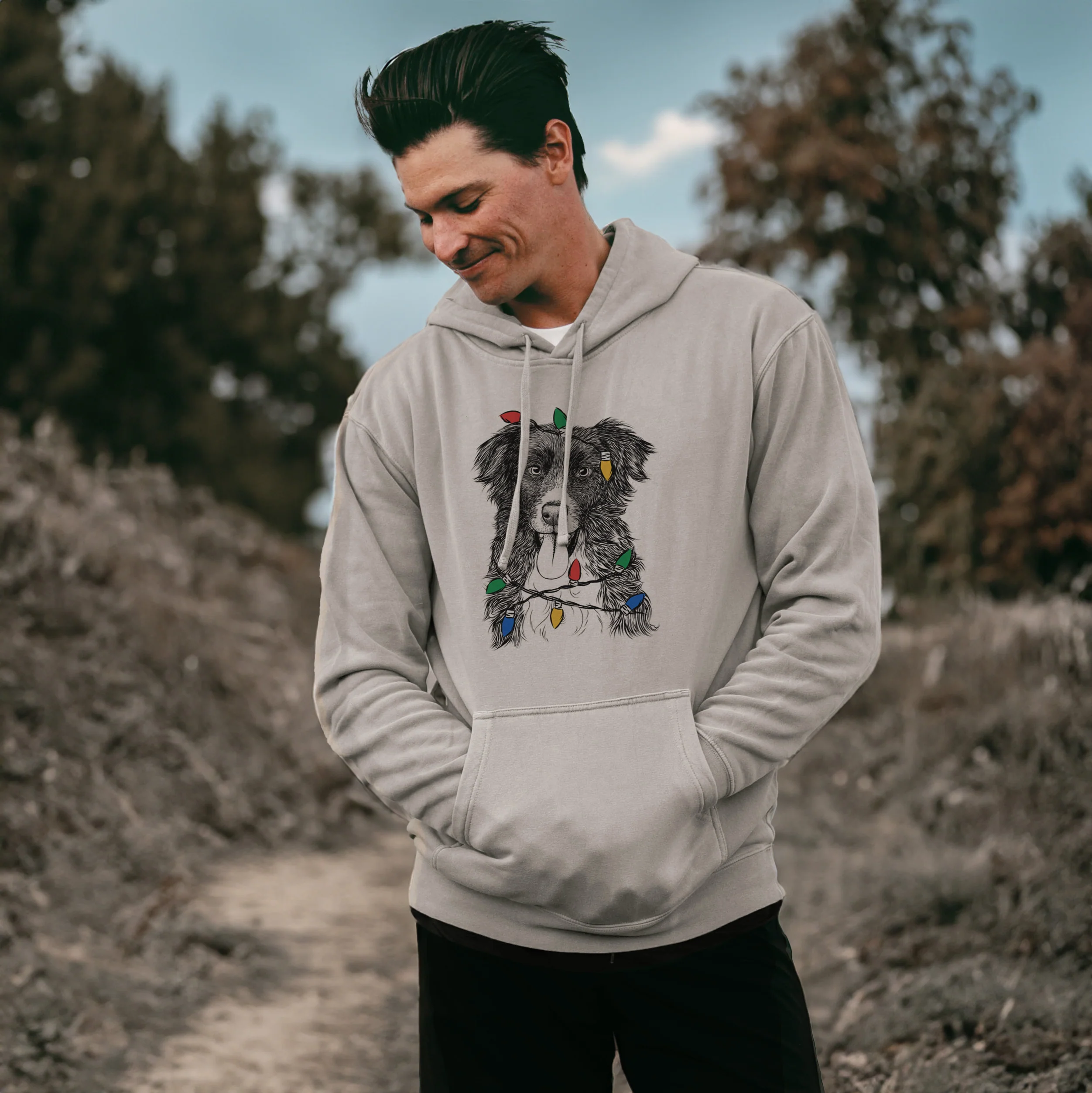 Christmas Lights Indi the Border Collie - Unisex Pigment Dyed Hoodie - Image 3